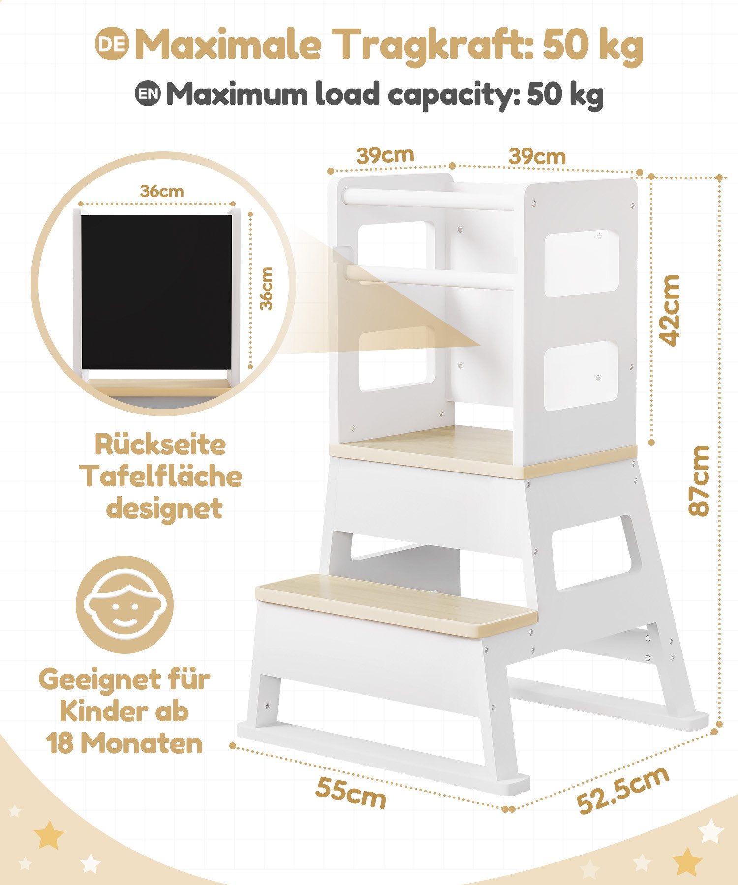 Yorbay Stehhilfe Lernturm mit Tafel & Treppe, 55 x 52,5 x 87 cm