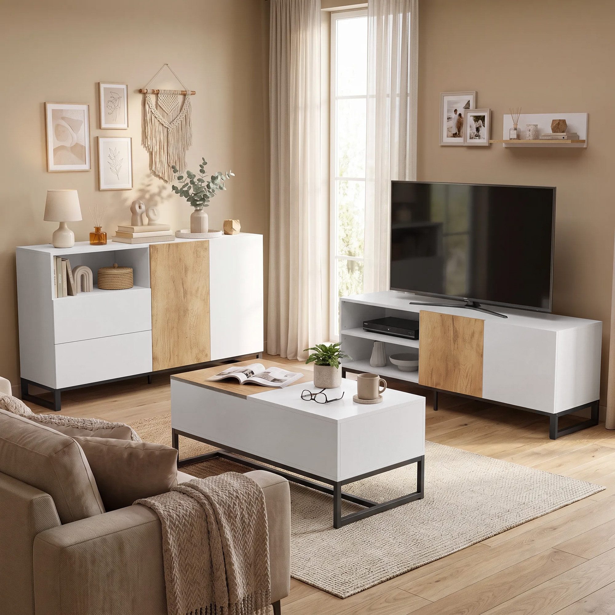 HOMCOM Sideboard Moderner Aufbewahrungsschrank mit Schubladen (Packung, 1 St., 1 Sideboard), TV-tauglich bis 55 Zoll, Kabeldurchlass