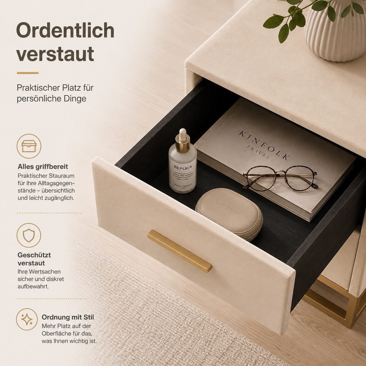 Simurq Nachttisch Nachtkommode 2er Set mit 2 Schubladen, Samt Beige 40x40x50 cm (2-teiliges Set, 2-St., 2 Nachttische als Set), 2er-Set, Samtoptik, zwei Schubla – Bild 5 von 5