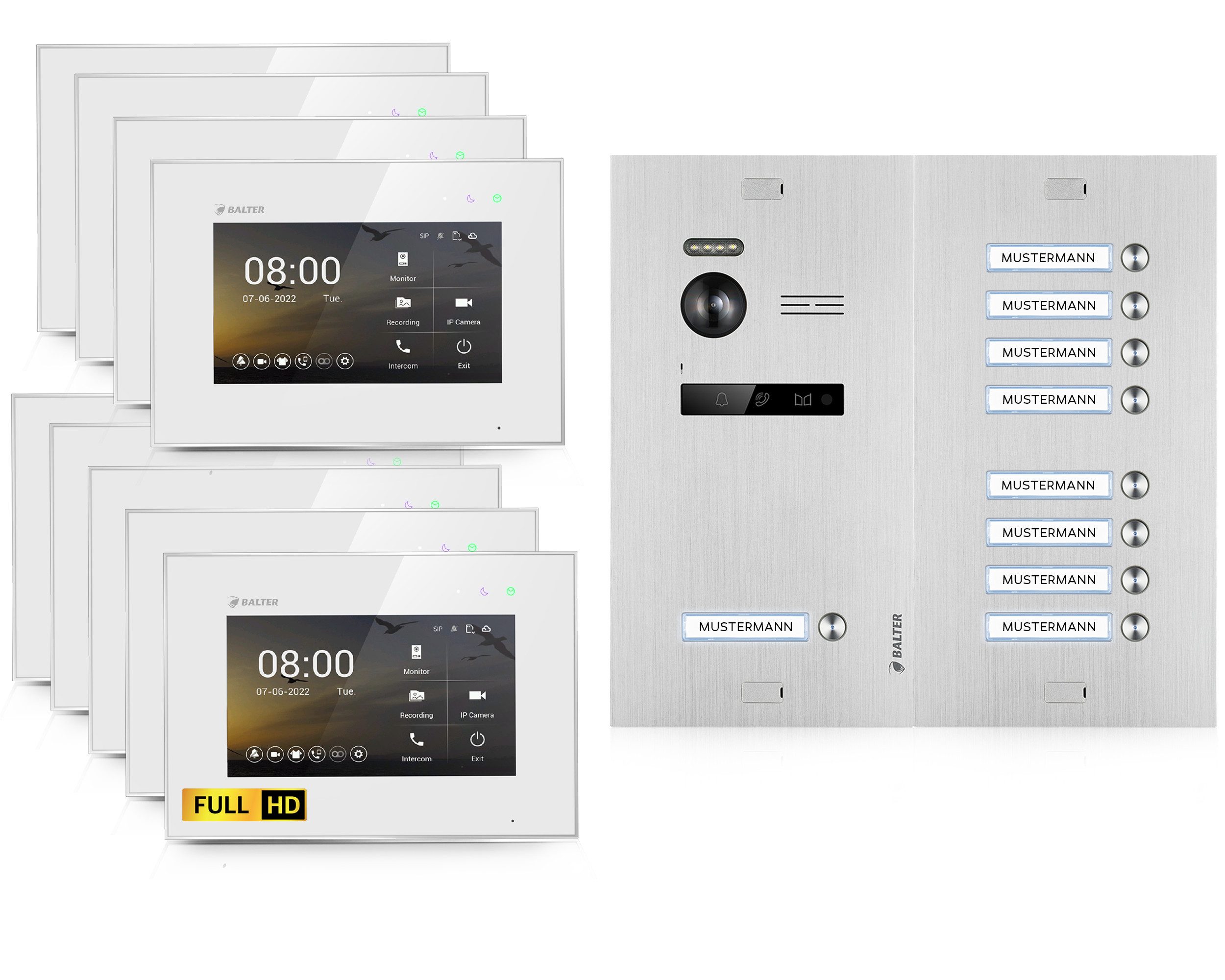 Balter Video-Türsprechanlage HD Video Türsprechanlage für 9 Familienhaus, 9x Monitor (4x 7" Full HD Monitore)
