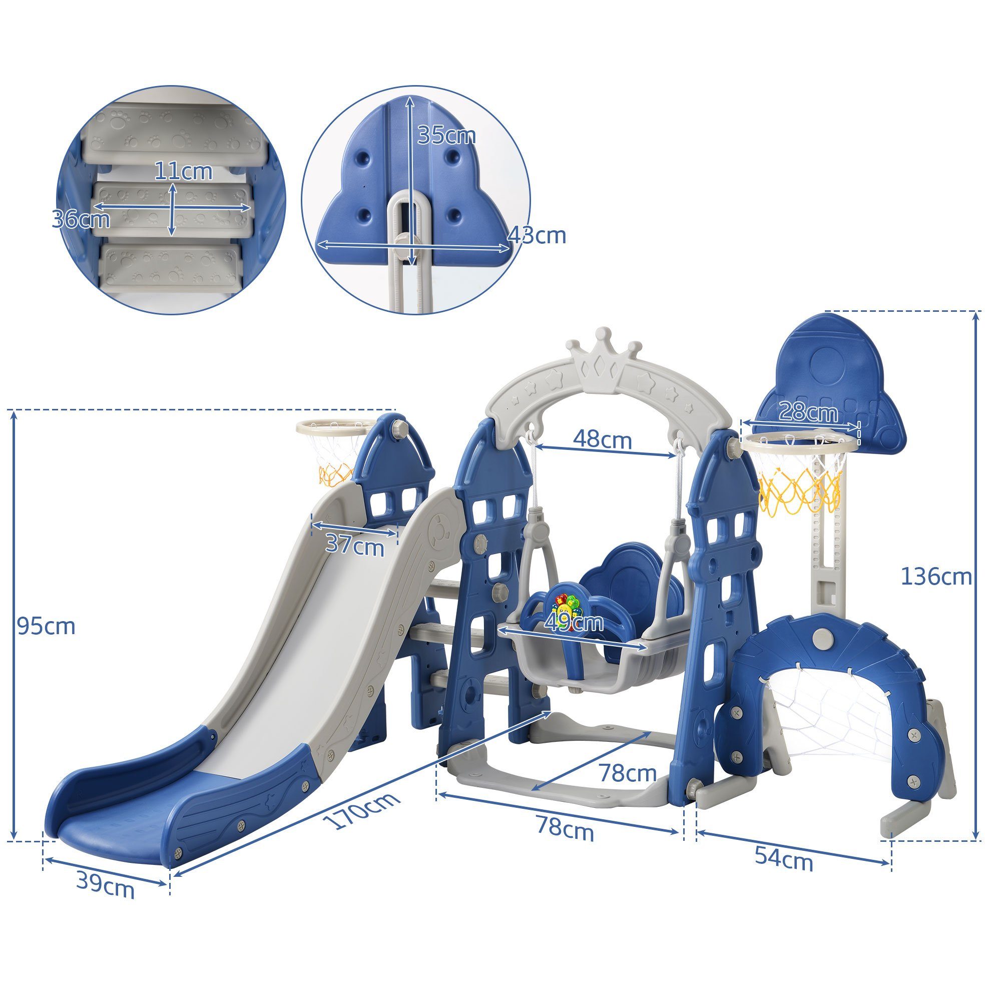 Fußballtor Basketballkorb Kletterspielzeug, & Rutsche Indoor-Rutsche Kletterturm), Kinderrutsche + Outdoor 2-8 Indoor HAUSS Kinder für Blau Jahre Gartenrutsche (Schaukel mit 5-in-1 & Rutsche Rutsche Rutschbahn SPLOE