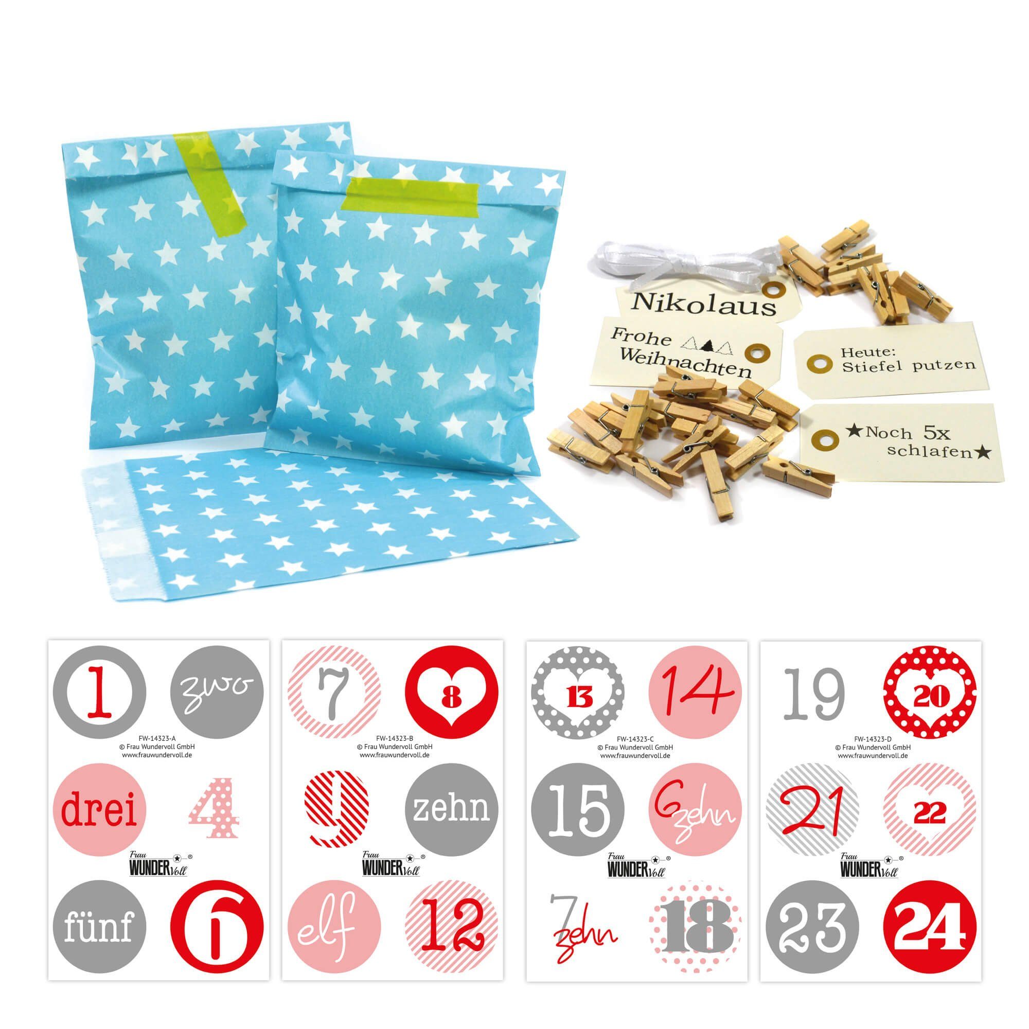 Frau WUNDERVoll befüllbarer Adventskalender Adventskalender Bescherung, beachblau Stern, Ziffern rosa-rot