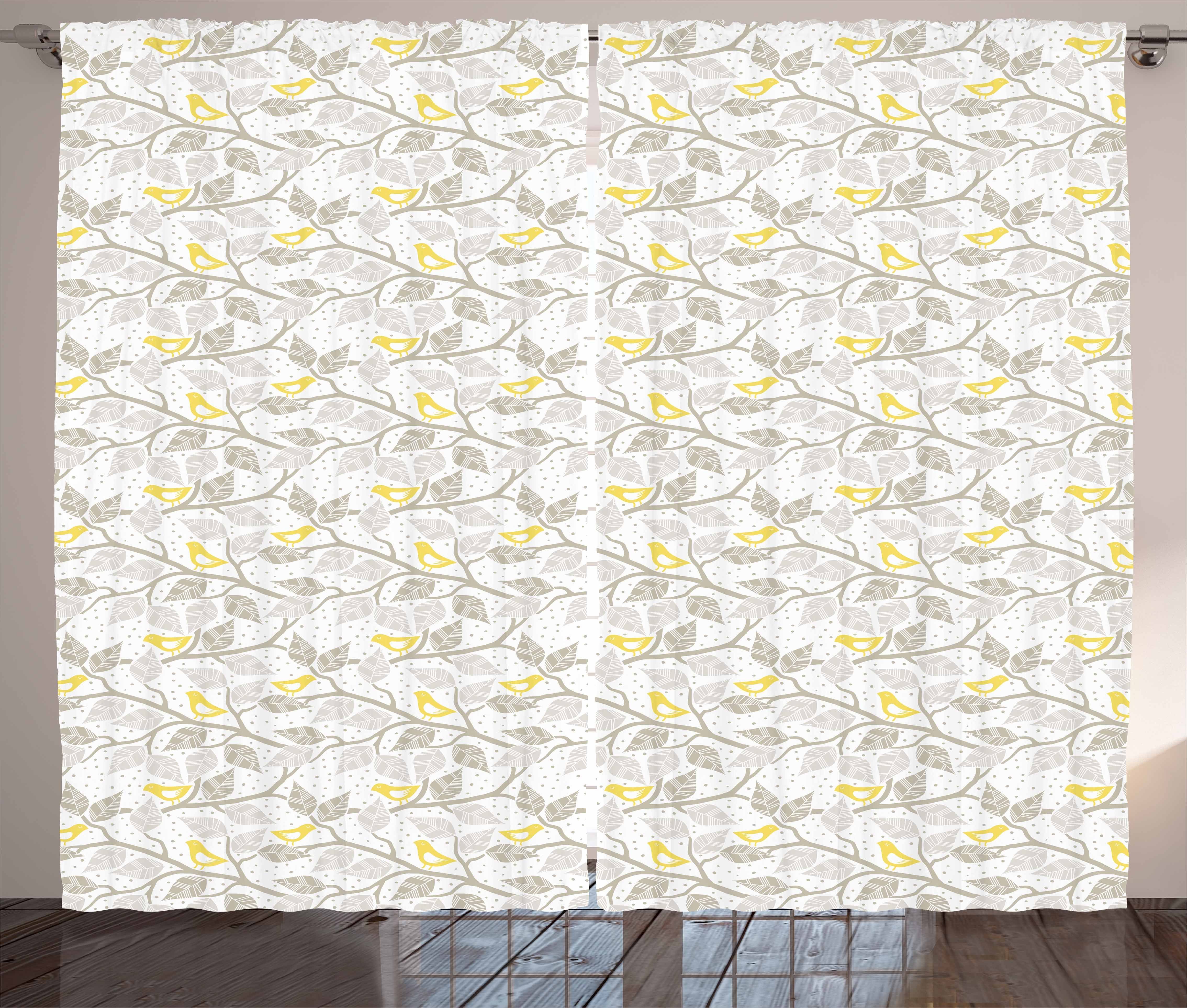 Gardine Schlafzimmer Kräuselband Vorhang mit Schlaufen und Haken, Abakuhaus, Vögel Abstrakt gelappten Blättern