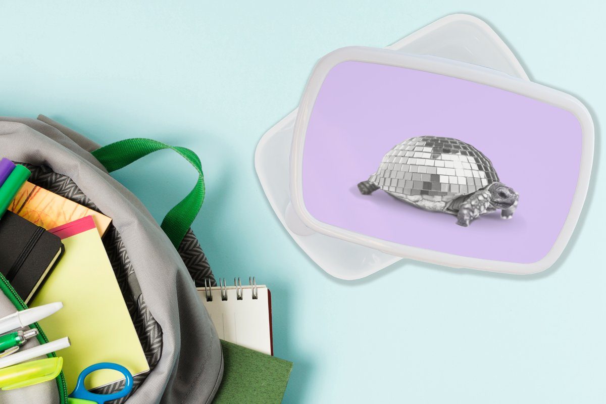 Kunststoff, Tier und und Mädchen MuchoWow Erwachsene, Brotbox - - - Kinder Schildkröte (2-tlg), für Brotdose, Disco Lila, für weiß Lunchbox - Jungs Discokugel