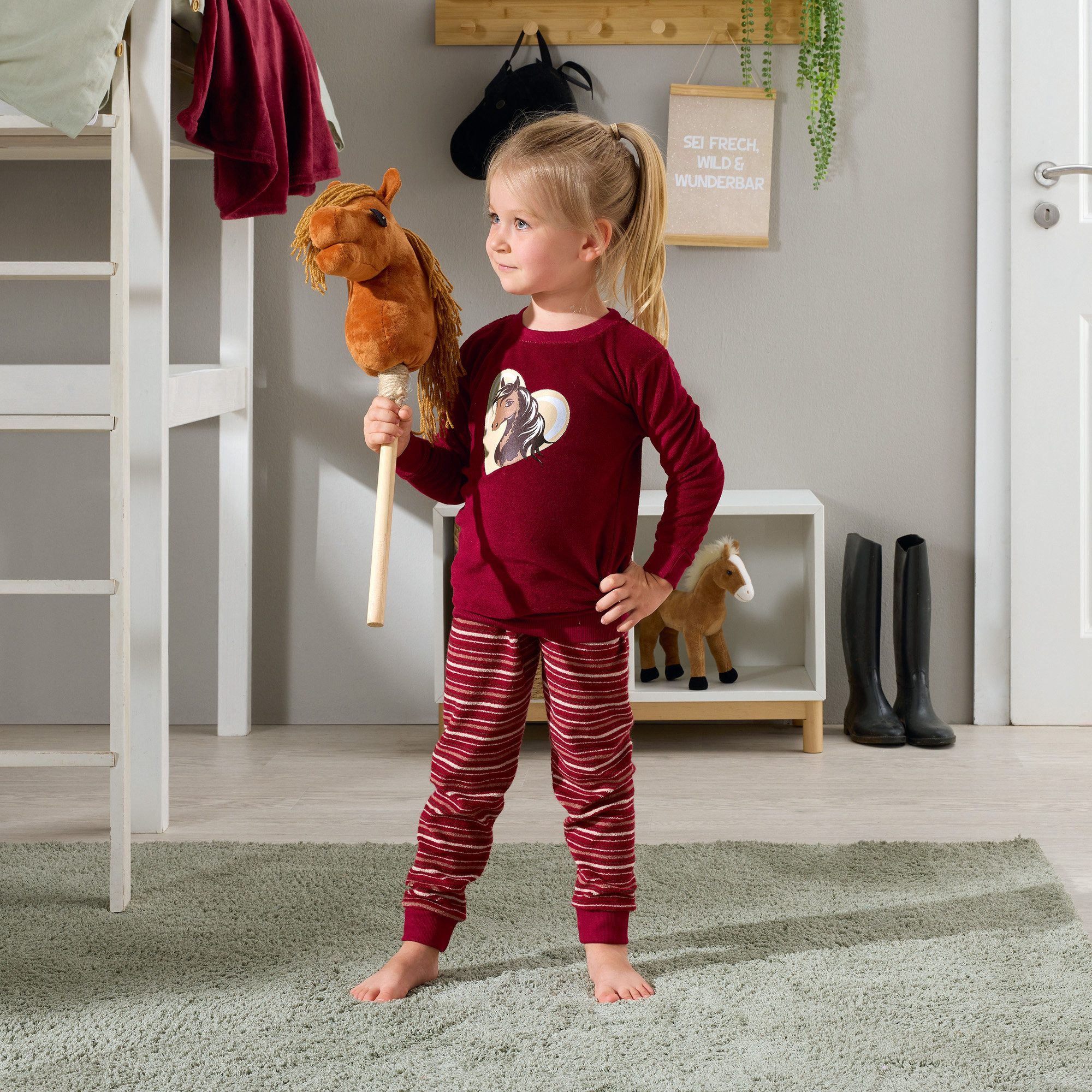 Erwin Müller Pyjama Kinder-Schlafanzug Frottee Streifen: Hose/Tiermotive: Pferd – Bild 4 von 5