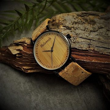 Holzwerk Quarzuhr KLAARST Damen und Herren Holz Uhr mit Kork & Leder Armband, beige
