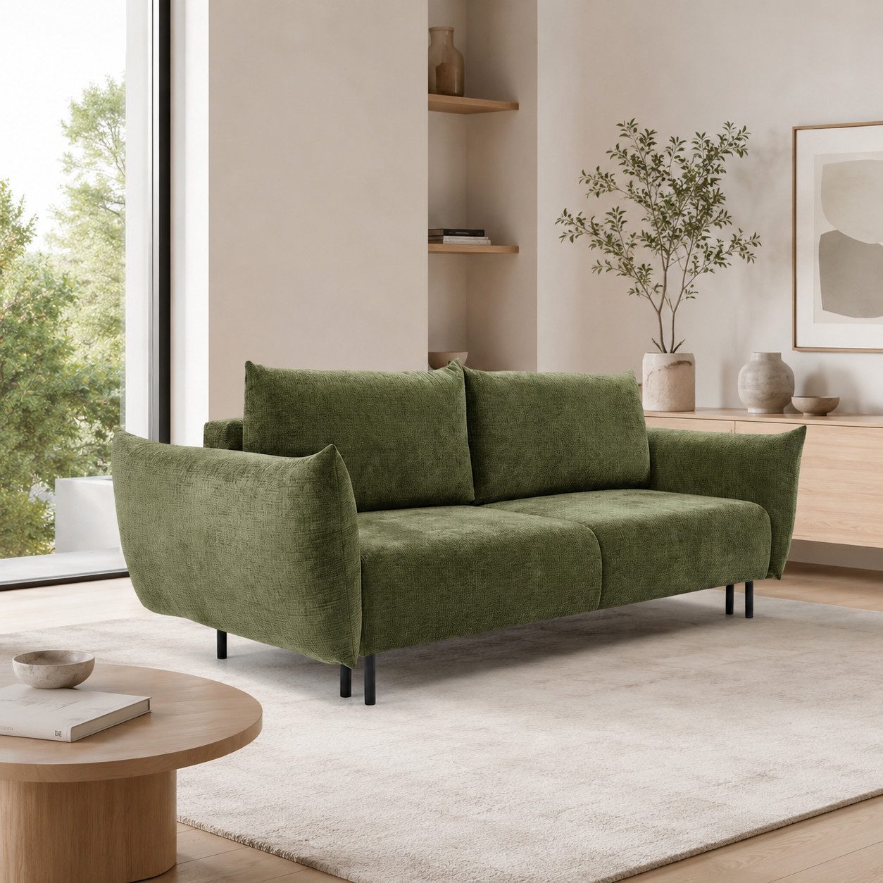 Goldstoff Sofa "FIDES" für Relaxen mit Bettkasten und Schlaffunktion DL 145x200 cm, Relax-Sofa mit Stauraum und ausziehbarer Schlaffunktion