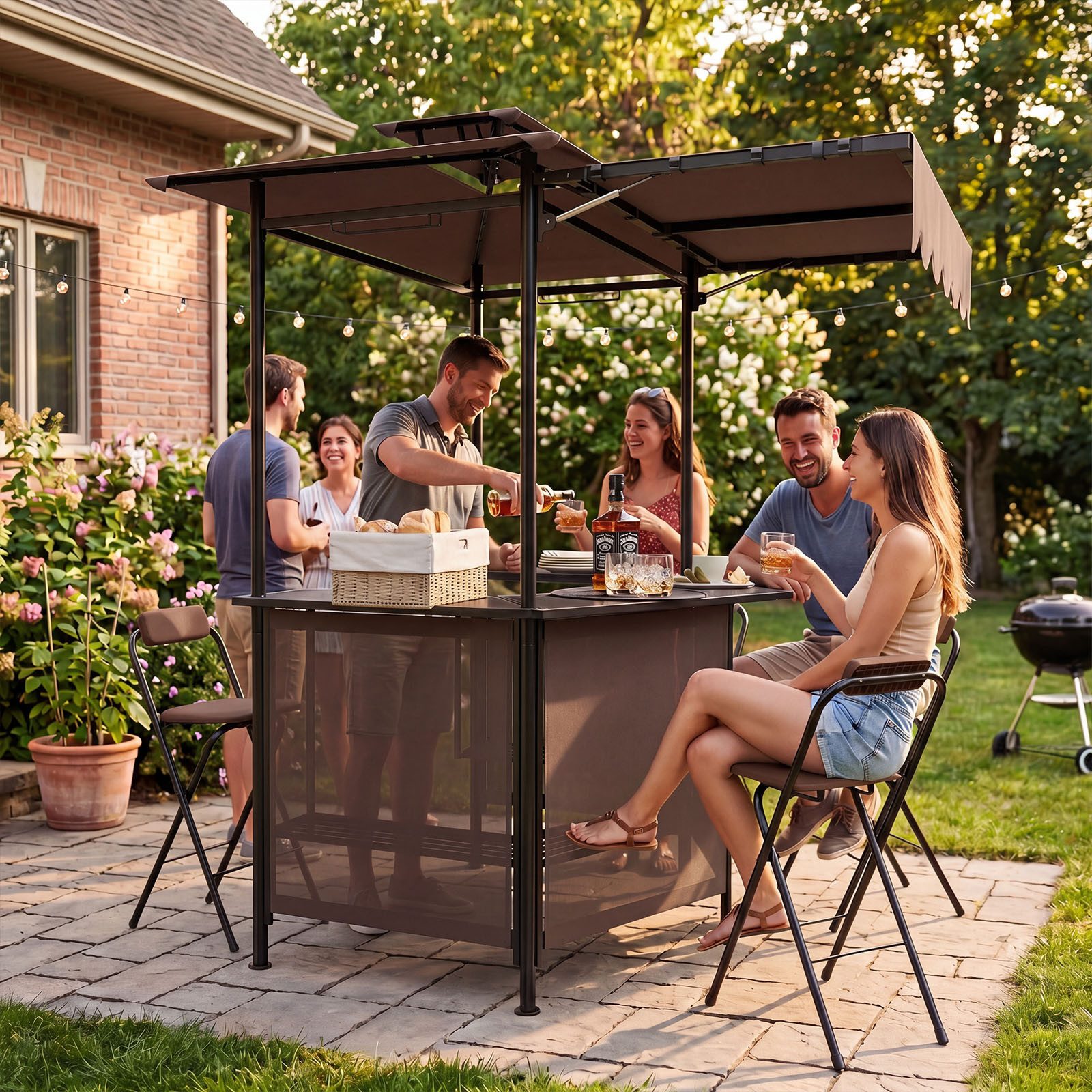 COSTWAY Gartenbar-Set, (3-tlg), Gartenpavillon mit Bar, 2 klappbaren Barhocker
