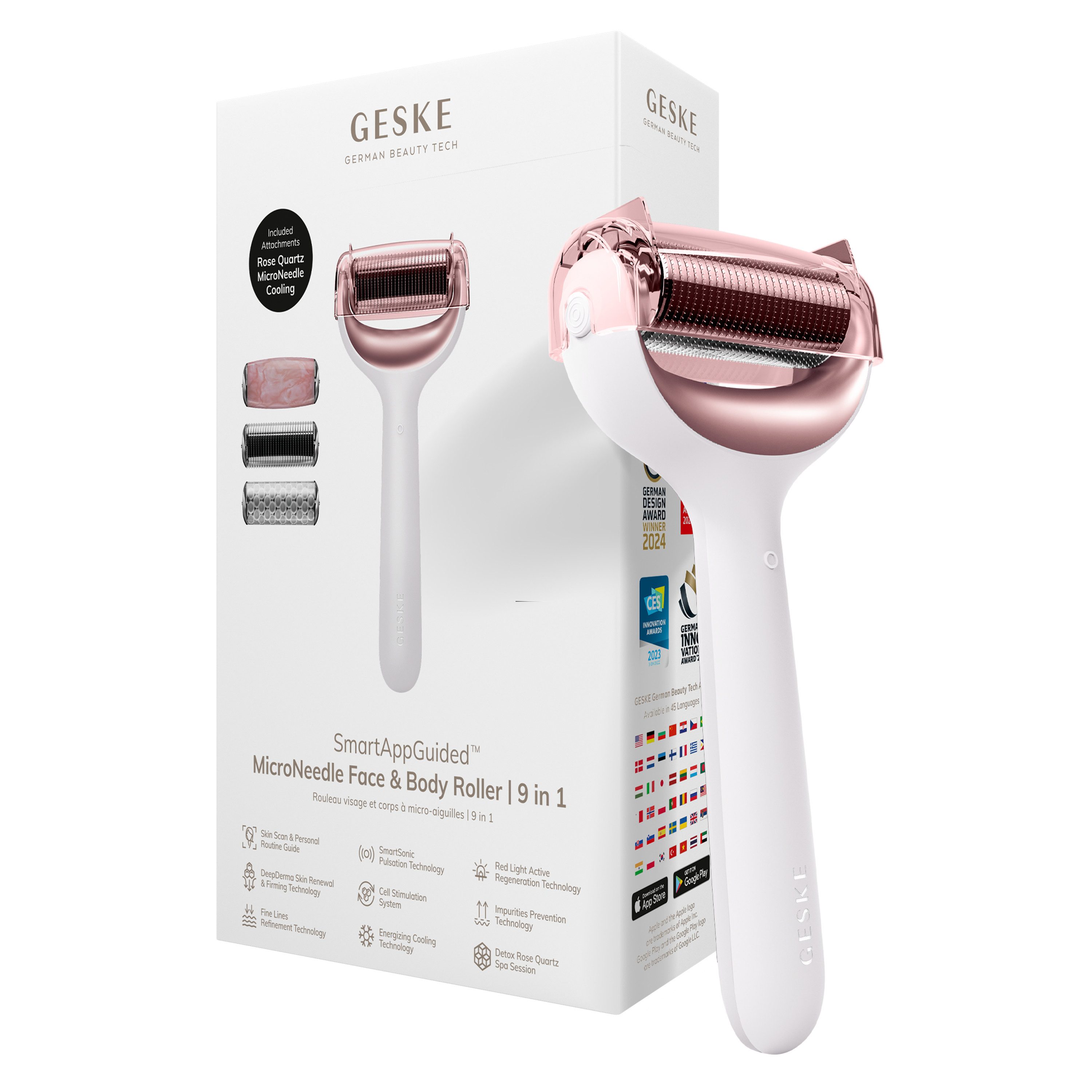 GESKE German Beauty Tech Micro-Needling SmartAppGuided™ MicroNeedle Face & Body Roller 9 in 1, Packung (Gerät & USB-Ladekabel), 5-tlg., Gerät inkl. kostenloser APP (SmartAppGuided Device), Mit der GESKE App erhältst Du deine personalisierte Hautpflegeroutine.