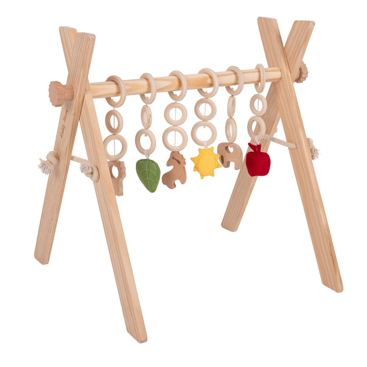 KiddyMoon Baby Gym BT-001, (Spieltrapez mit 6 hängenden Elementen), aus Holz
