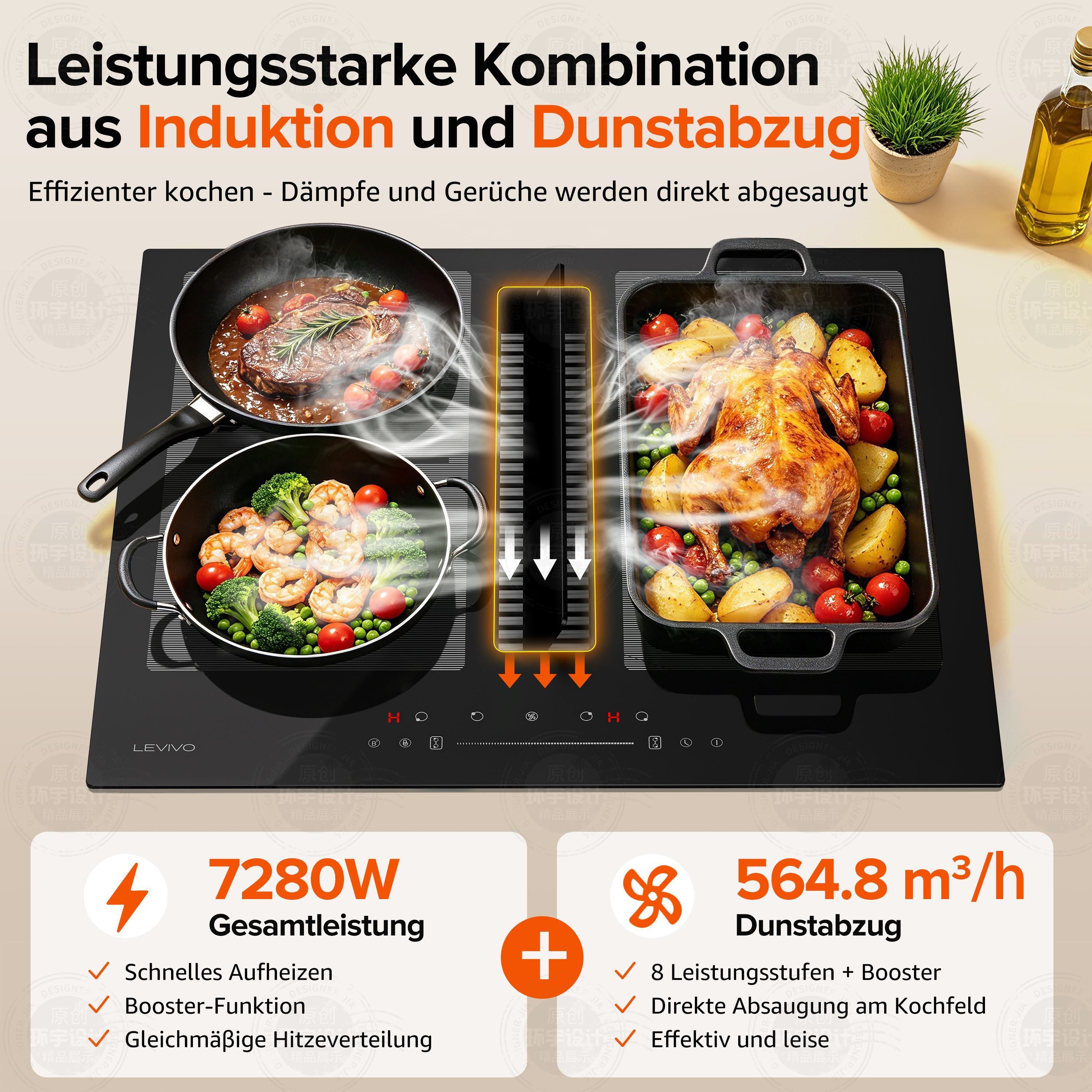 Levivo Induktions-Kochfeld Induktionskochfeld 60 cm mit 531 m³/h Dunstabzug, 9 Stufen & Booster, Touch-Control, Timer, Bridge Funktion, 7270 W