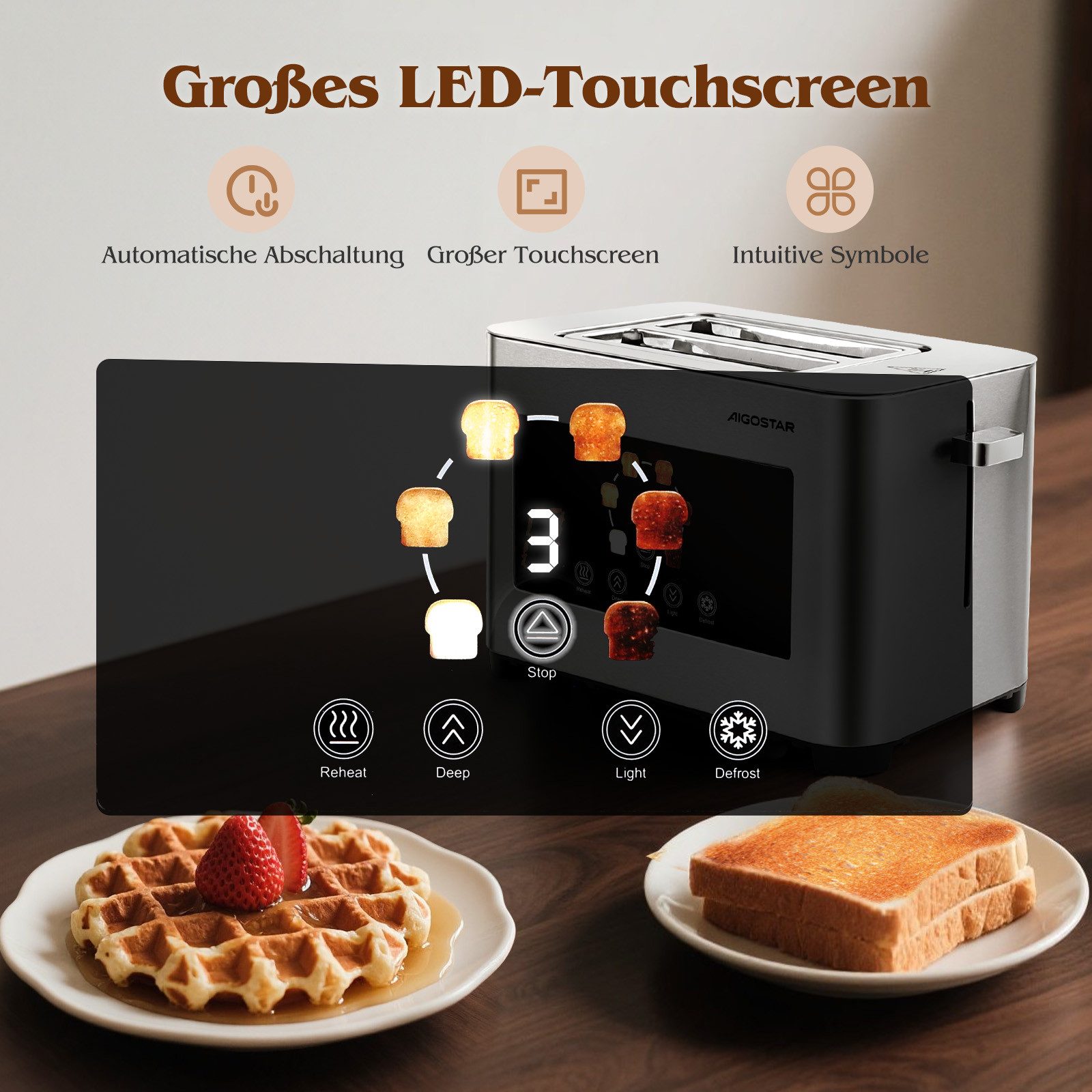 Aigostar Toaster 2/4 Scheiben, 6 Bräunungsstufen, LED-Touchscreen, Toaster Langschlitz, 2 lange Schlitze, 1400 W, Brotzentrierung, Auftau-, Aufwärm- & Stoppfunktion, Edelstahl Matt