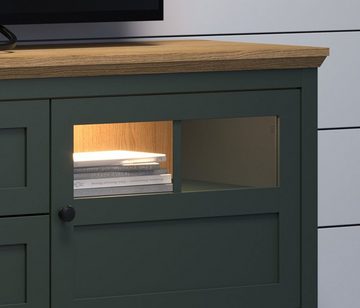 Furn.Design Lowboard Stanton (TV Unterschrank in Landhaus grün mit Eiche, Breite 186 cm), mit LED Beleuchtung