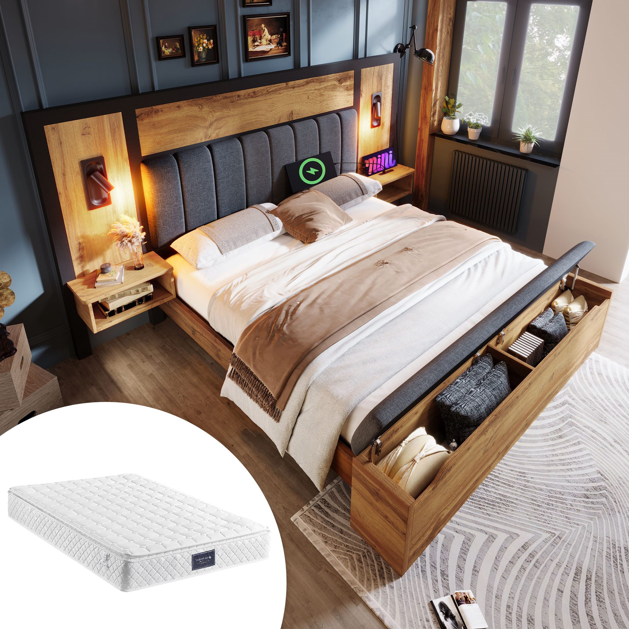 STILVORA Massivholzbett 160×200 Polsterbett mit Leselampe günstig online kaufen
