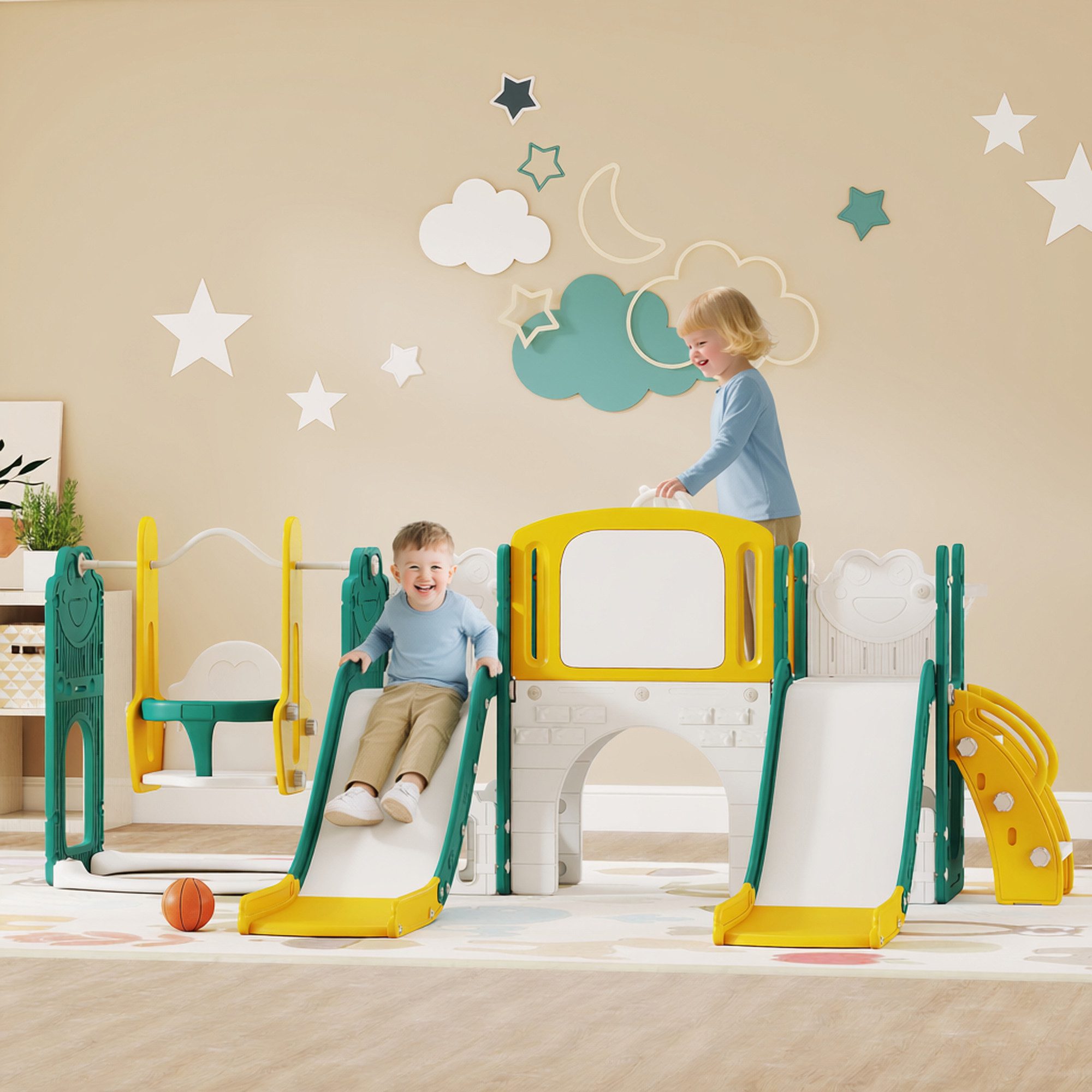 AIYAPLAY Rutsche Klettergerüst 9 in 1 Babyrutsche mit Basketballkorb, Tunnel, (Spielplatz, 1-tlg., 9 in 1 Kleinkind Rutsche), Froschmotiv Indoor Outdoor für 1-3 Jahre