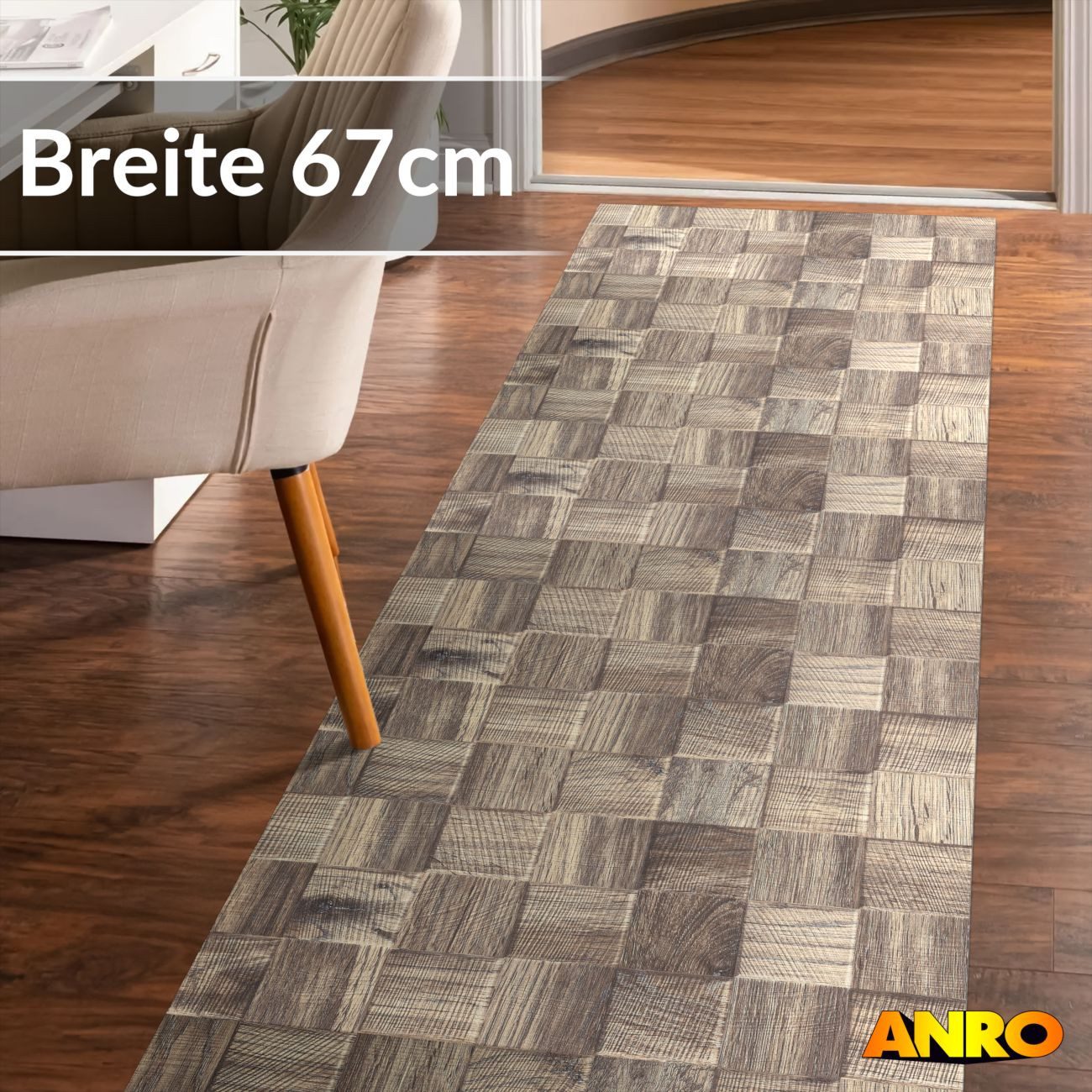 ANRO Küchenläufer abwaschbar Holz LADY Läufer stark pflegeleicht Küchenteppich, Rechteckig, Höhe: 3 mm, robust schmutzabweisend 67x100cm Patchwork Taupe robust