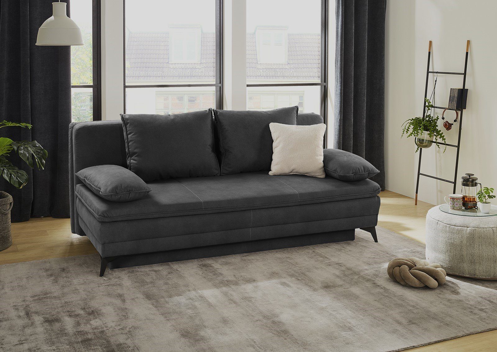 luma-home Schlafsofa 15159, Dauerschläfer mit Bettkasten B202/T105/H90 cm, Liegefläche 158x199 cm, Wellenunterfederung, integr. Topper, Mikrofaser Dunkelgrau