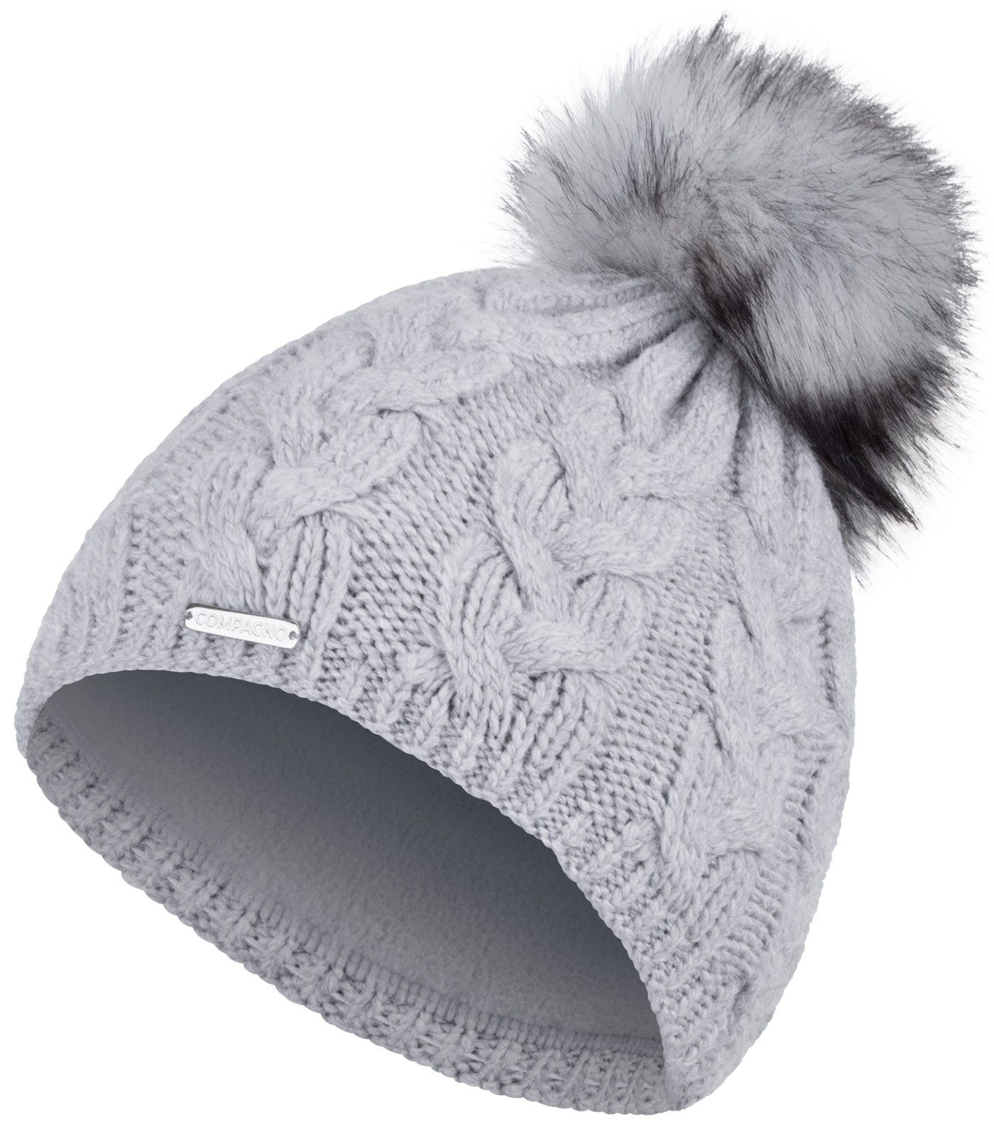 compagno Bommelmütze (1-St) Wintermütze gefüttert Strickmütze Damen Mütze Winter Beanie hellgrau