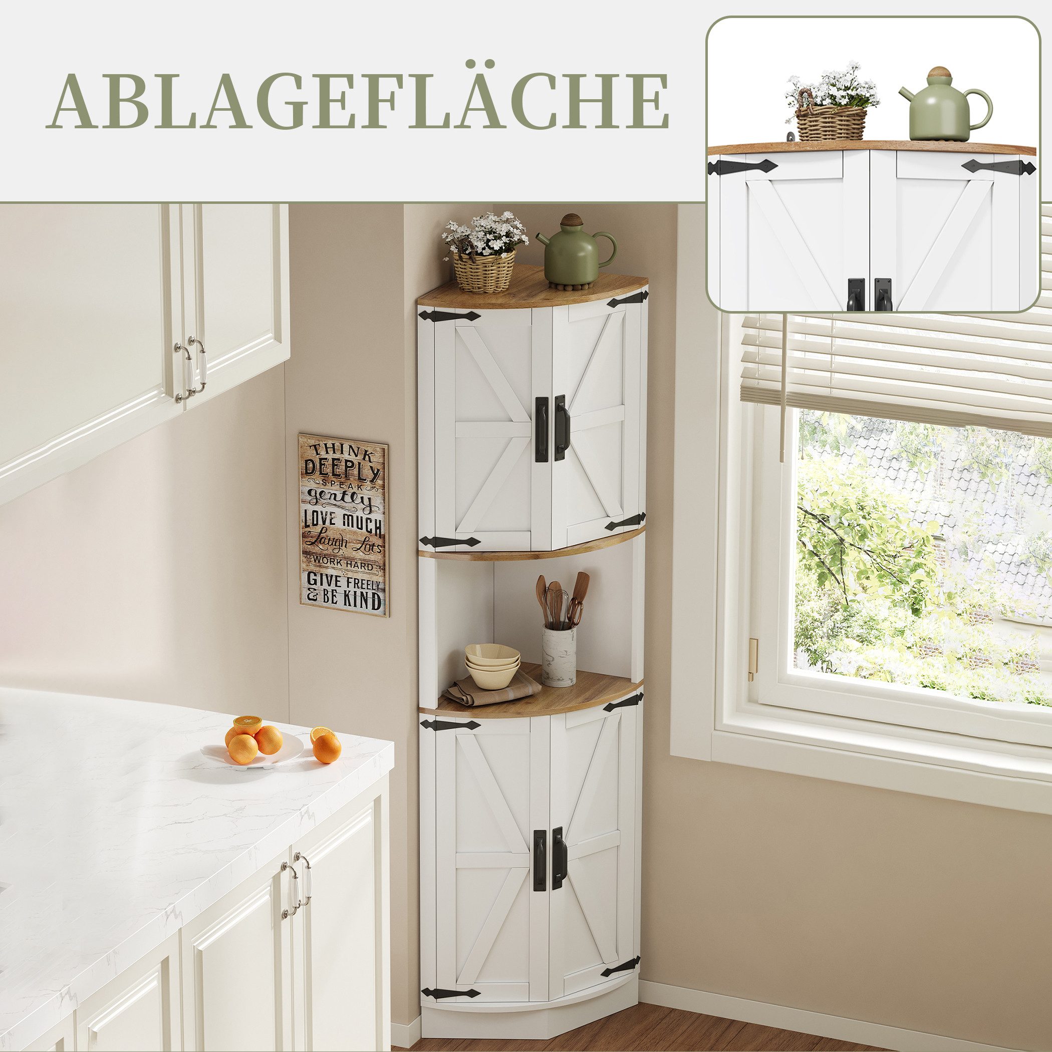 SeedWave Buffet Allzweck Eckschrank Hochschrank mit 4 Türen, Staufächern, Ablageboden Küchenbuffet inkl. Metallgriffe, Kippschutz-Set – Bild 4 von 5