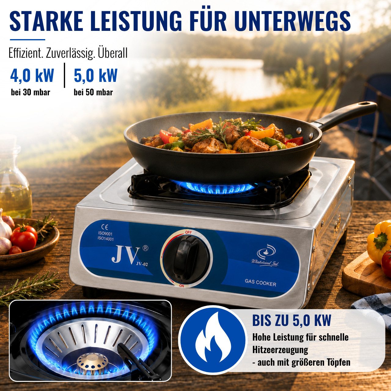 BlueCraft Gaskocher Edelstahl mobiler Campingkocher Outdoor 1-flammig mit Zündsicherung, Mit praktischer Piezozündung – Bild 3 von 5