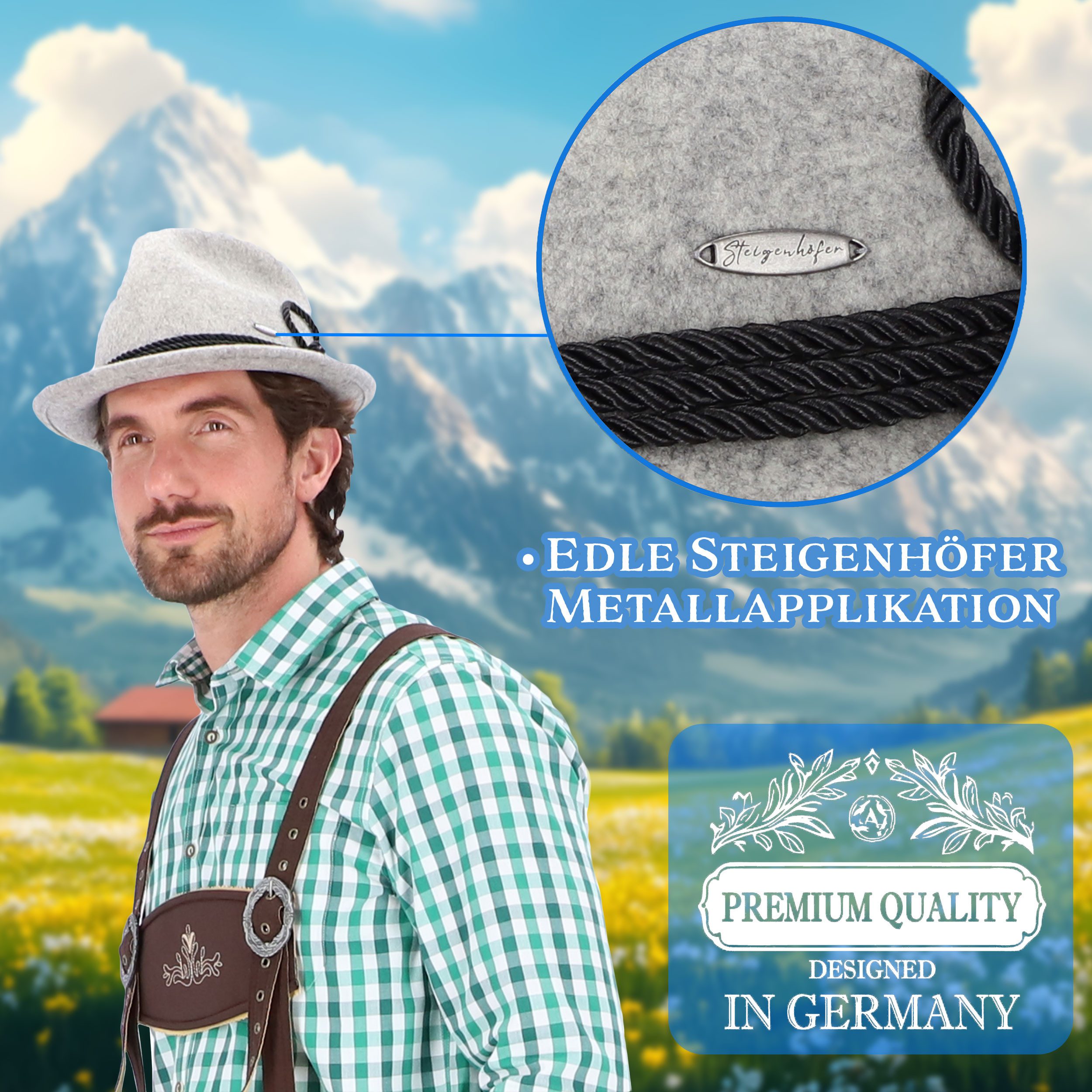 Steigenhöfer Manufaktur Trachtenhut Herren JAKOB - bayrischer Wanderhut Dreispitz aus 100% Schurwolle Größenverstellbar und integriertes Schweißband, Ideal fürs – Bild 4 von 5