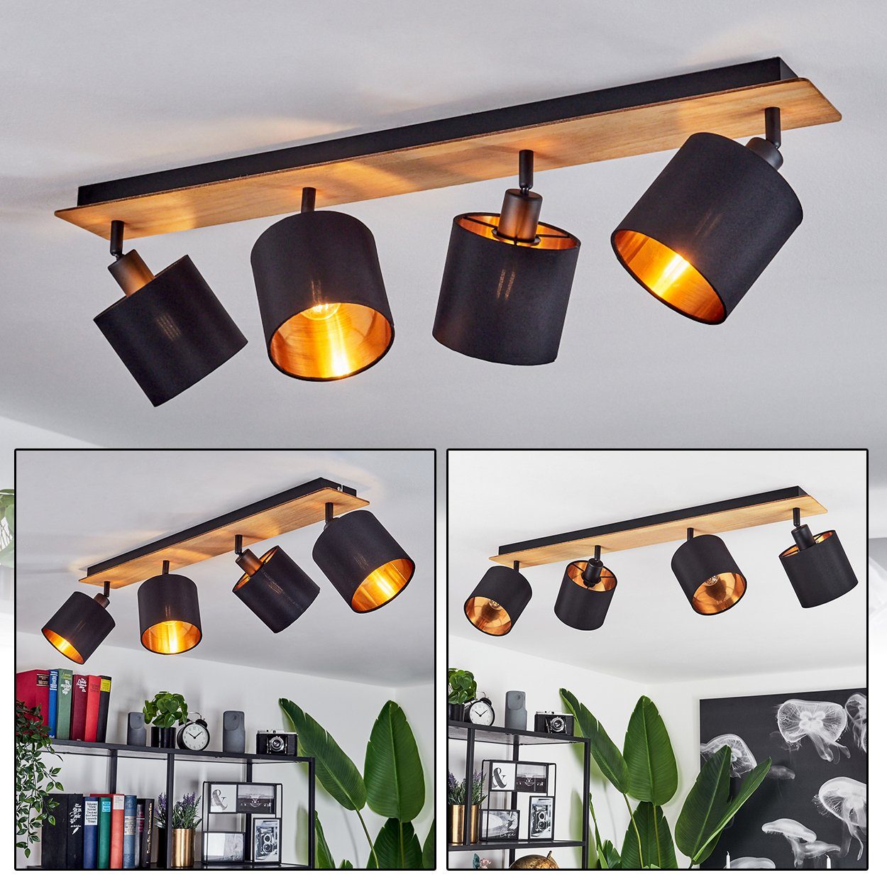 hofstein Deckenleuchte »Costa« Deckenlampe Design 4xE14 mit Schirmen, aus Holz/Metall/Stoff, Leuchte verstellbaren skandinavischen ohne Leuchtmittel, im Natur/Schwarz/Kupferfarben