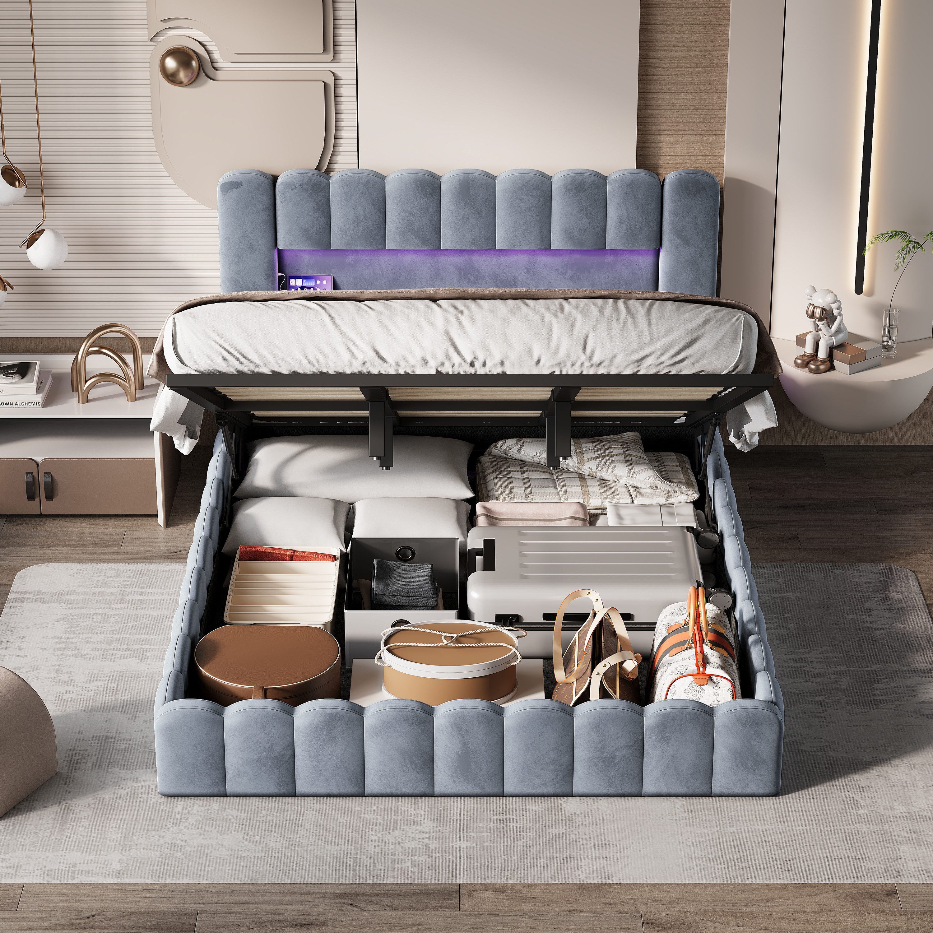 PXloue Polsterbett Doppelbett Jugendbett (ohne Matratze), Stauraumbett, Bettkasten, LED-Beleuchtung, USB-Anschluss, 180x200 cm