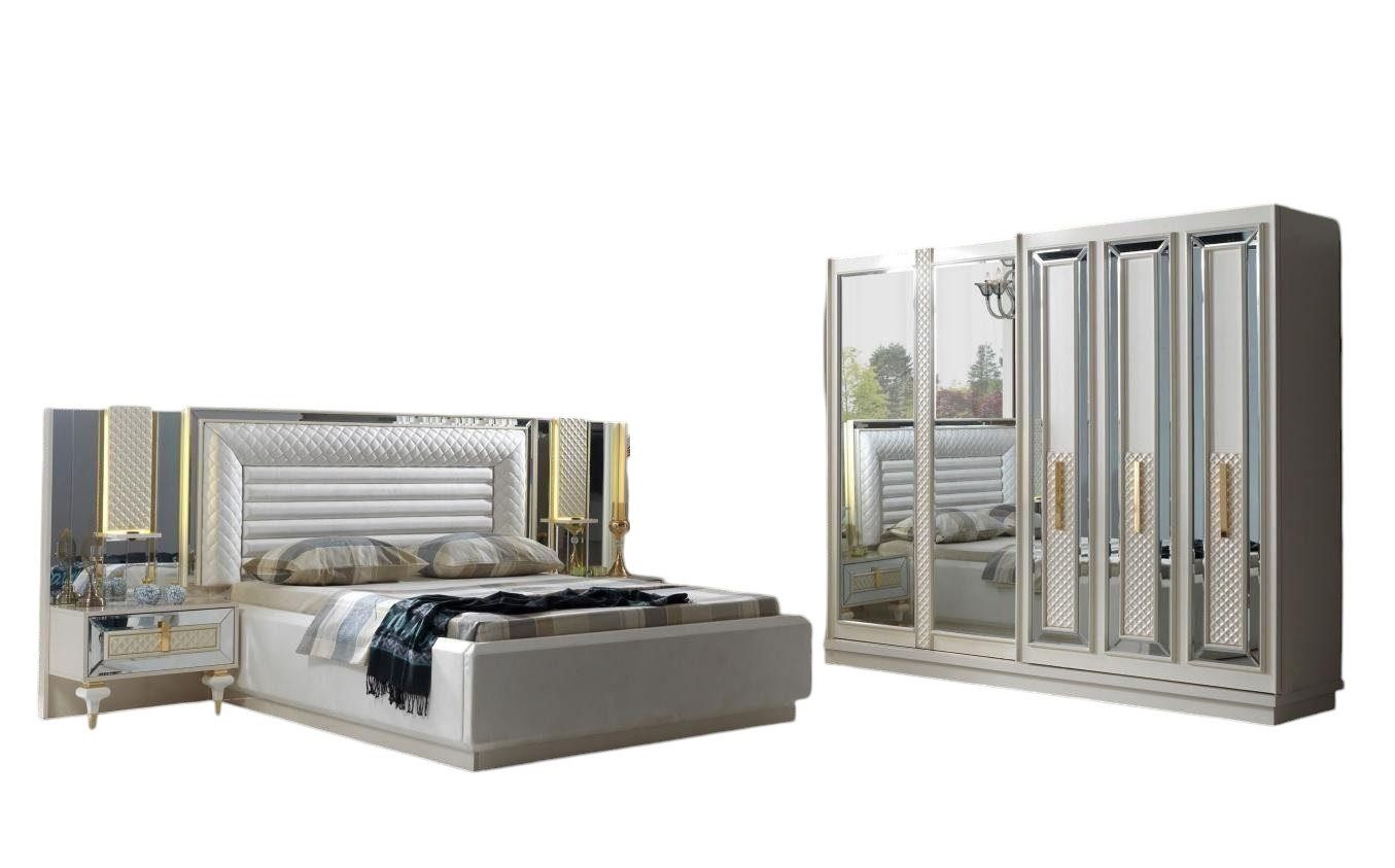 Schlafzimmer-Set Doppelbett Garnitur Bett Nachttische Schlafzimmermöbel Weiß Set
