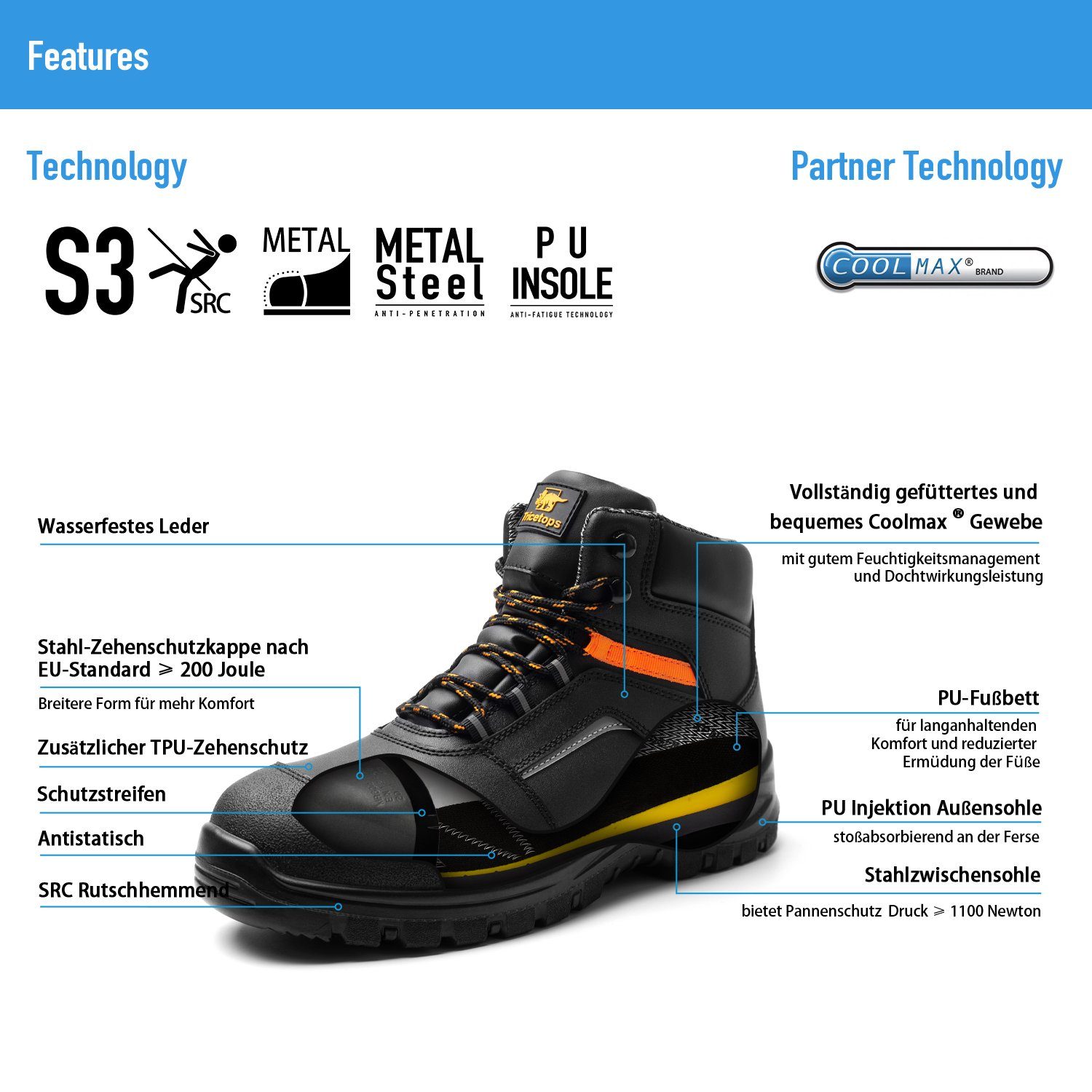 Tricetops TS070H Sicherheitsschuhe S3 Arbeitsschuhe Herren Damen Arbeitsschuh