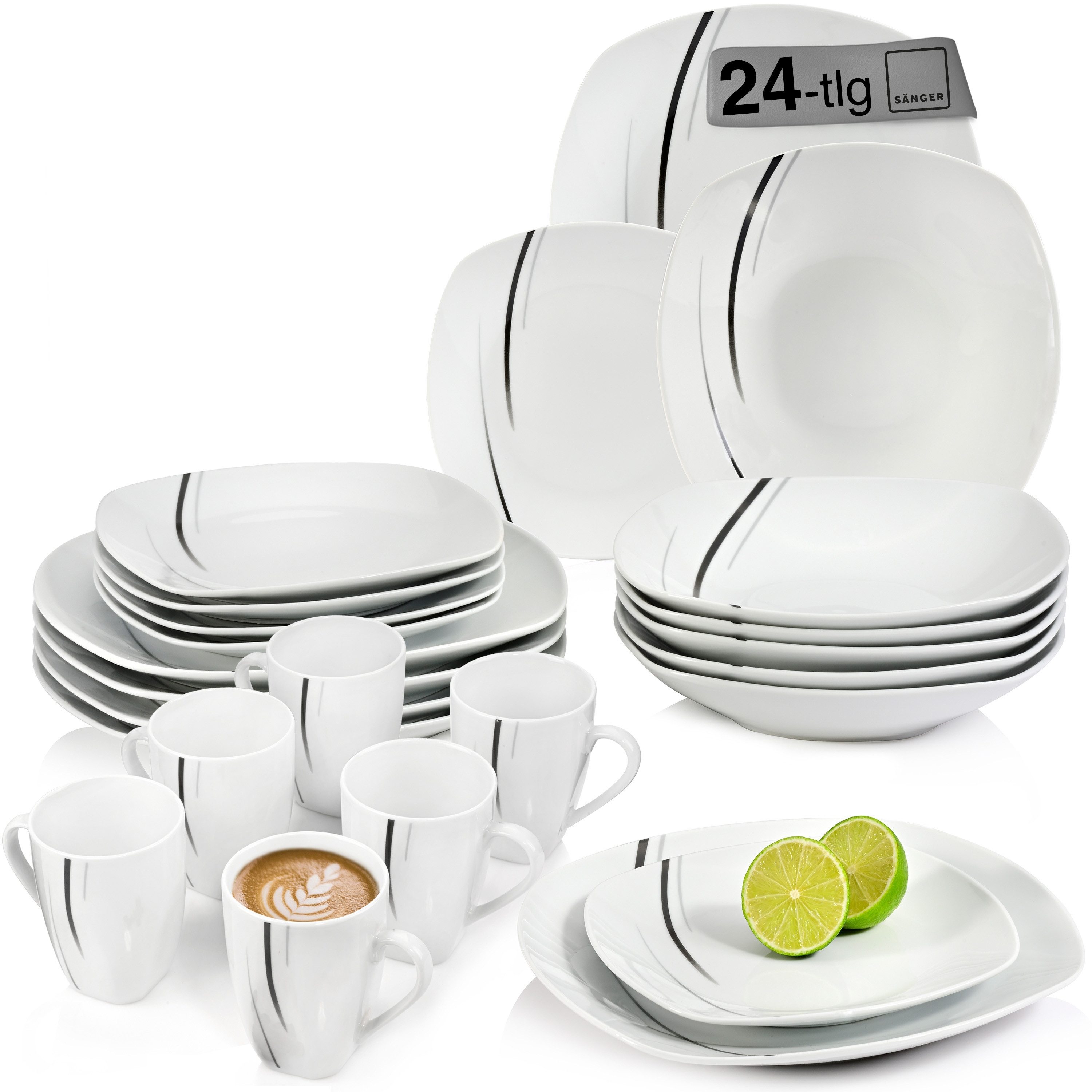 SÄNGER Tafelservice Bilgola Black Lines Geschirrset, Weiß (24-tlg), 6 Personen, Porzellan, Premium Collection