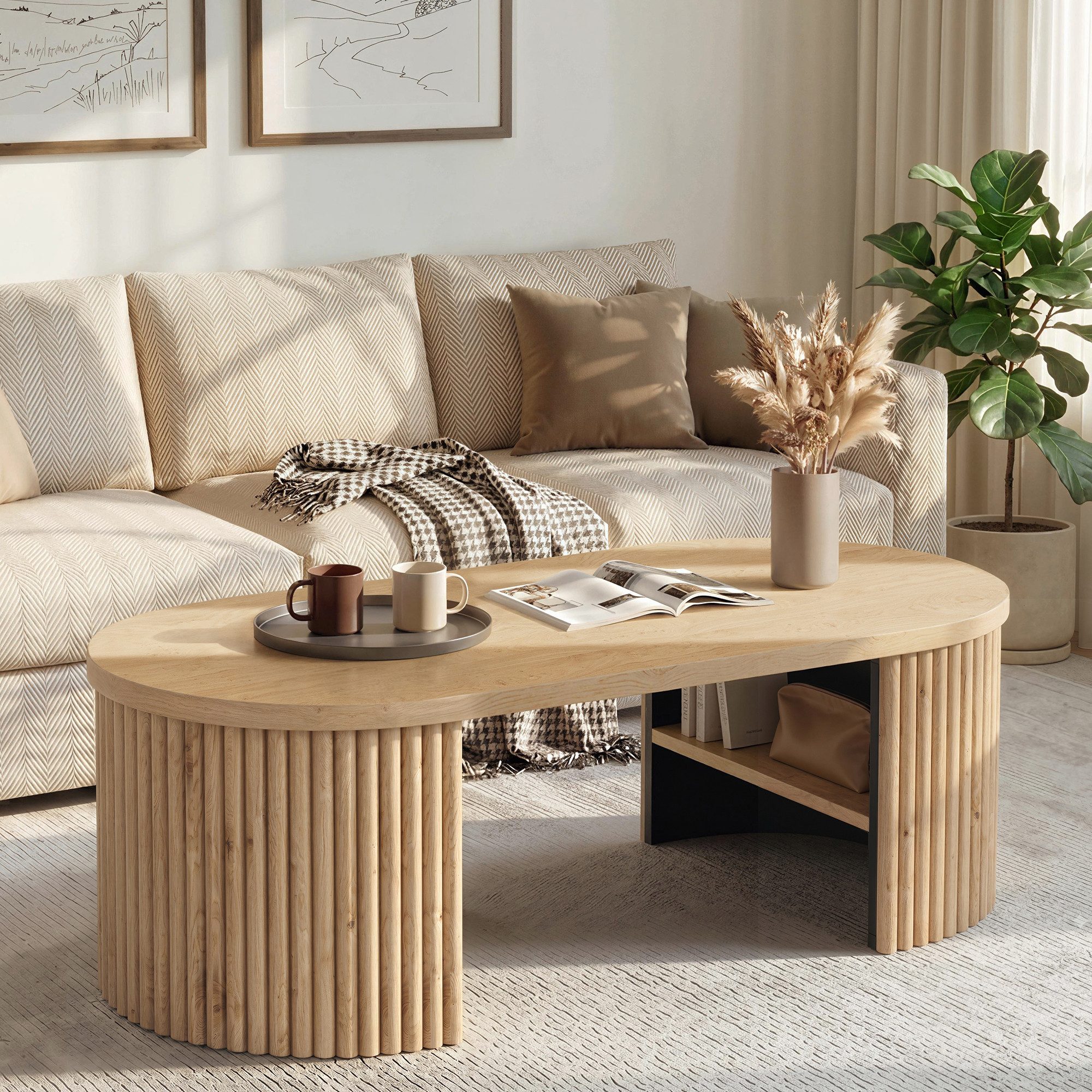 Merax Couchtisch Ovaler Sofatisch Beistelltisch im Rillen-Design skandinavisch (1-St), Wohnzimmertisch mit Ablagefach & Stauraum, 100x50x35cm