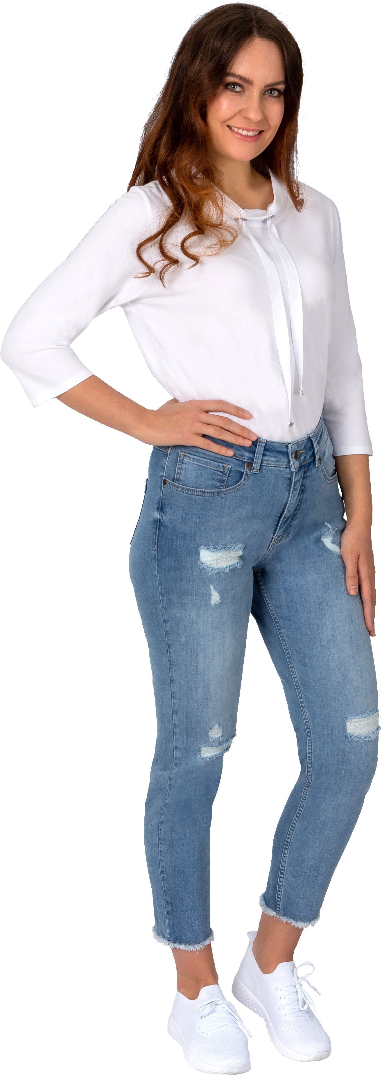 Gio Milano 7/8-Jeans Gio-Liese-1000 verkürzte Skinny mit Fransen am Saum light blue destroyed