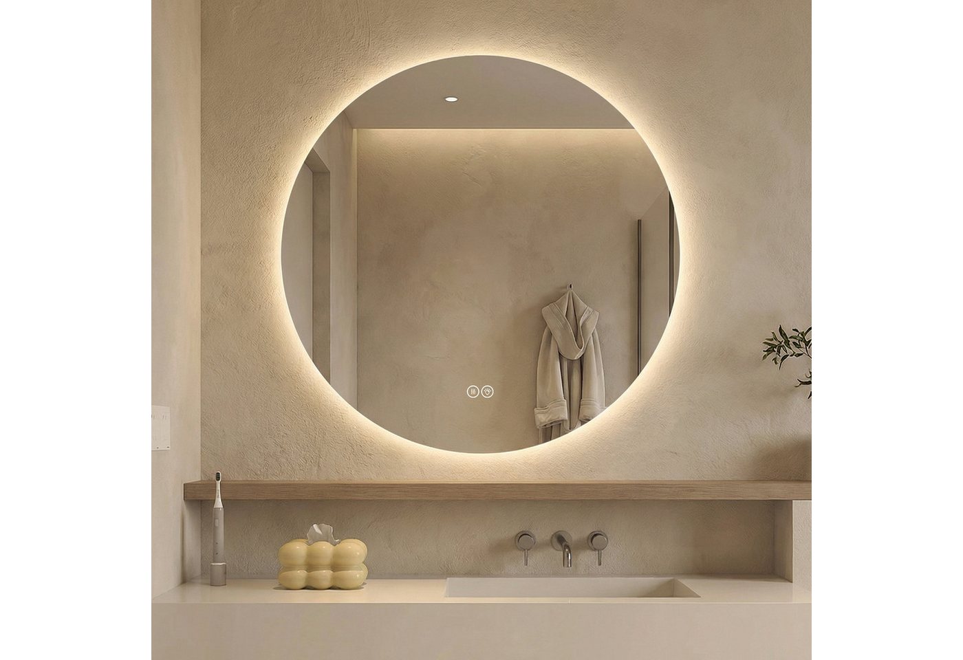 Odikalo Badspiegel spiegel Wandspiegel Runder mit LED, 3 Lichtfarben (70 cm, Hinterleuchtet, Anti-Beschlag, 3 Lichtfarben, Stufenlos Dimmbar, Memoryfunktion, Touchschalter, 5 mm Kupferfreier HD-Silberspiegel)