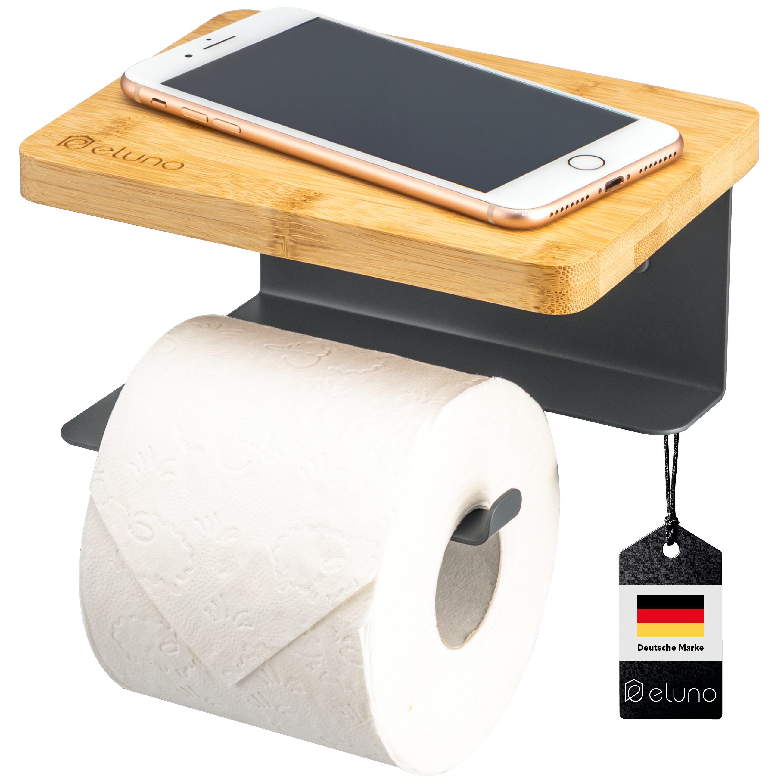 eluno Toilettenpapierhalter VARAZ mit Ablage aus Metall und Bambus, grau