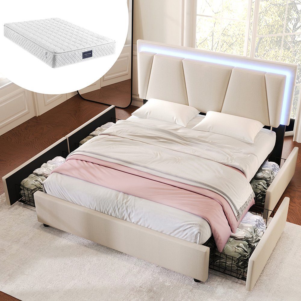 Polsterbett (Stauraumbett, mit Matratze), Doppelbett 140x200cm mit LED-Beleuchtung und 4 Schubladen