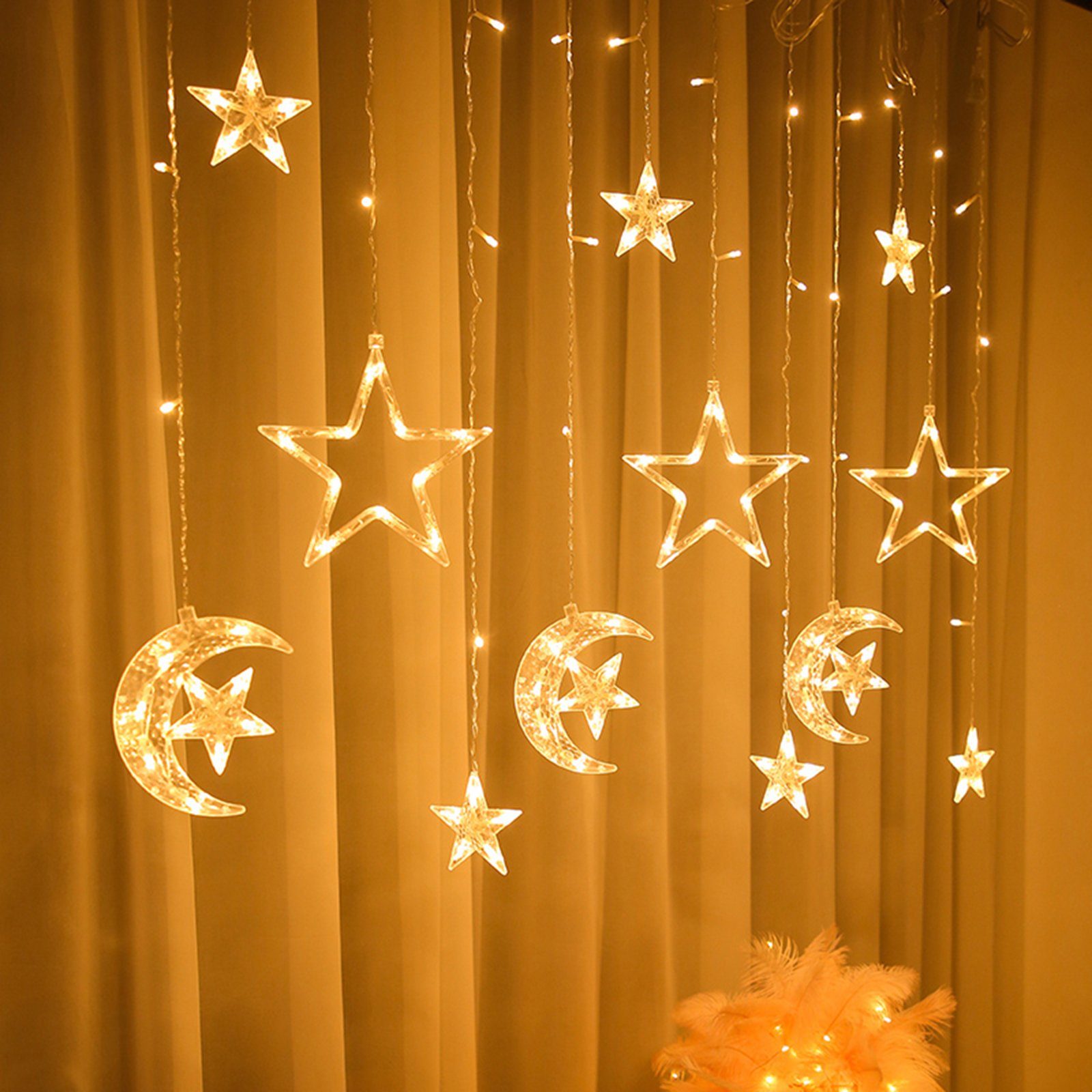 MUPOO LED-Lichterkette Stern Weihnachtstag,Wohnzimmer modi,IP44,126LEDs,Weihnachtsdeko,für Außen,3M Lichtervorhang, LED Warmes Lichterketten Innen Mond 8 Weiß Deko