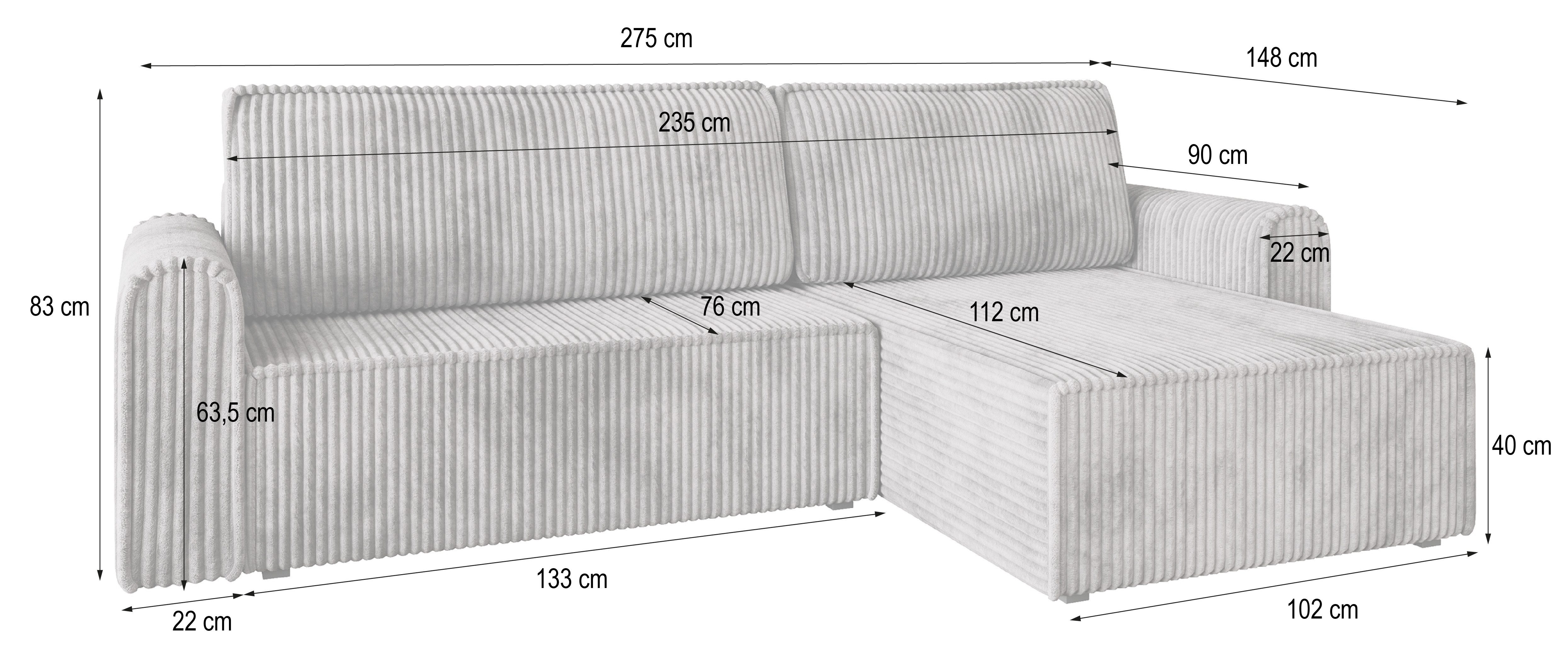 Masseno Ecksofa VALTINO mit Schlaffunktion L-Form, Sofa mit Bettkasten
