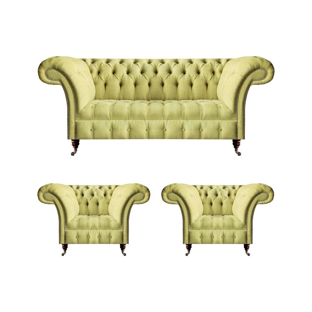 JVmoebel Chesterfield-Sofa Chesterfield-Sofa in Grau mit edlem Samtbezug, 3-Sitzer Sofa/2x Sessel 3 Teile, Made in Europa