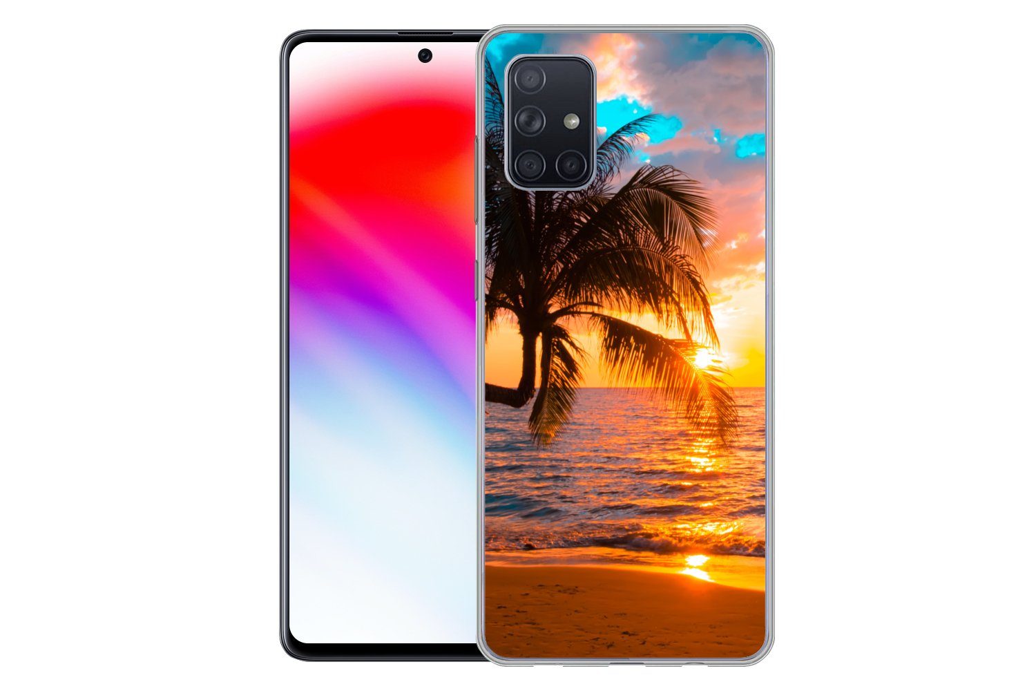 MuchoWow Handyhülle für Samsung Galaxy A51 Palme - Sonnenuntergang - Horizont - Strand - M, Smartphone-Bumper, Print, Handy Schutzhülle Dünn