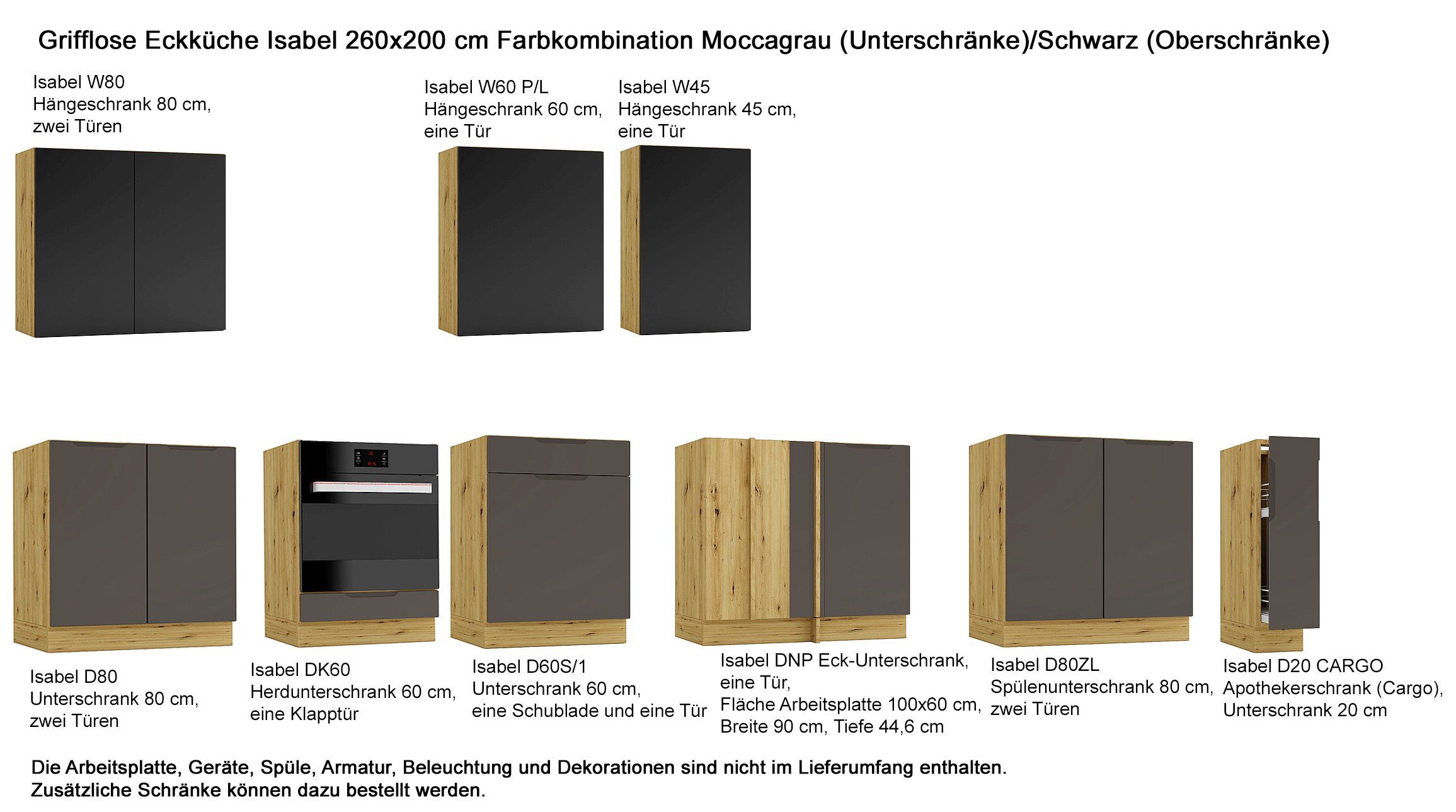 Möbel für Dich Winkelküche Moderne grifflose Eckküche in L-Form ISABEL 260x200 cm, 9-teilig, grifflos