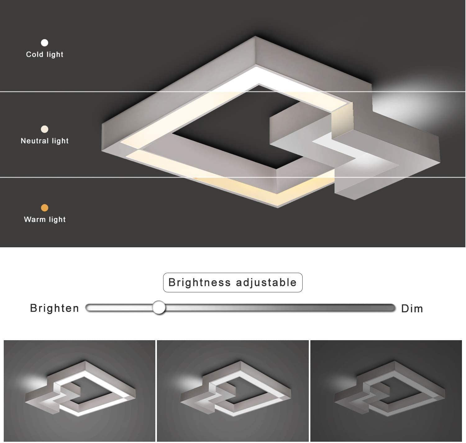 stufenlos LED für fest integriert, Eckig LED Deckenleuchte Wohnzimmer Tageslichtweiß Deckenlampe Badezimmer, ZMH