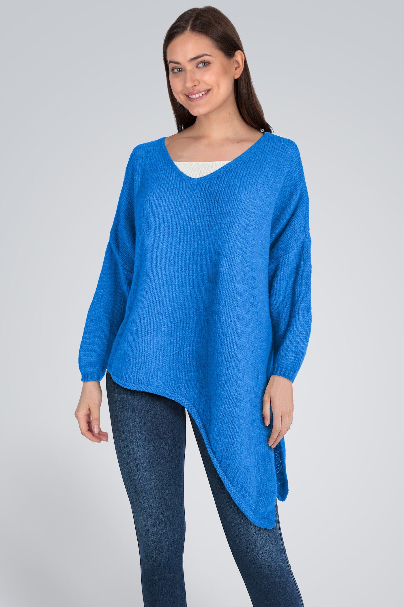 PEKIVESSA Strickpullover Asymmetrischer Grobstrick-Pullover oversized Damen (1-tlg) V-Ausschnitt langarm royalblau