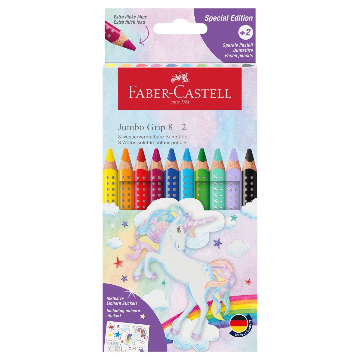 Faber-Castell Buntstift Jumbo Grip Edition 8+2 Kartonetui, (10er-Set), mit Stickern