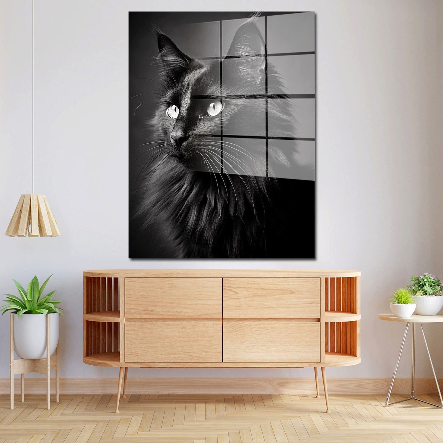 Artedinoi Acrylglasbild Katze Acrylglasbild Wandbild Modern Schwarz Elegant Tier Deko XXL, Elegantes Portrait einer schwarzen Katze mit ausdrucksstarkem Blick