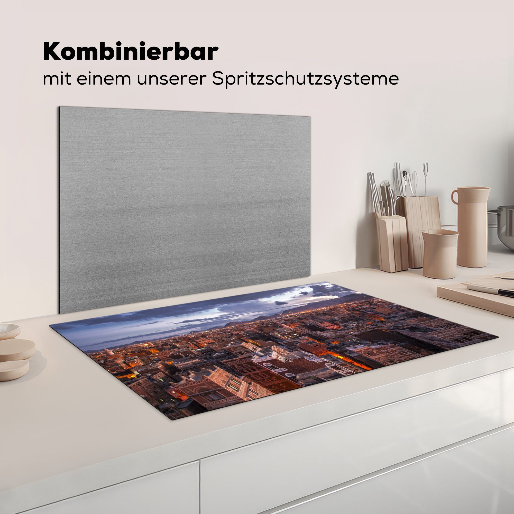 im in MuchoWow für Sanaa Stadt cm, 83x51 der Herdblende-/Abdeckplatte Skyline Jemen Vinyl, antiken küche tlg), (1 Ceranfeldabdeckung, der Dämmerung, Arbeitsplatte