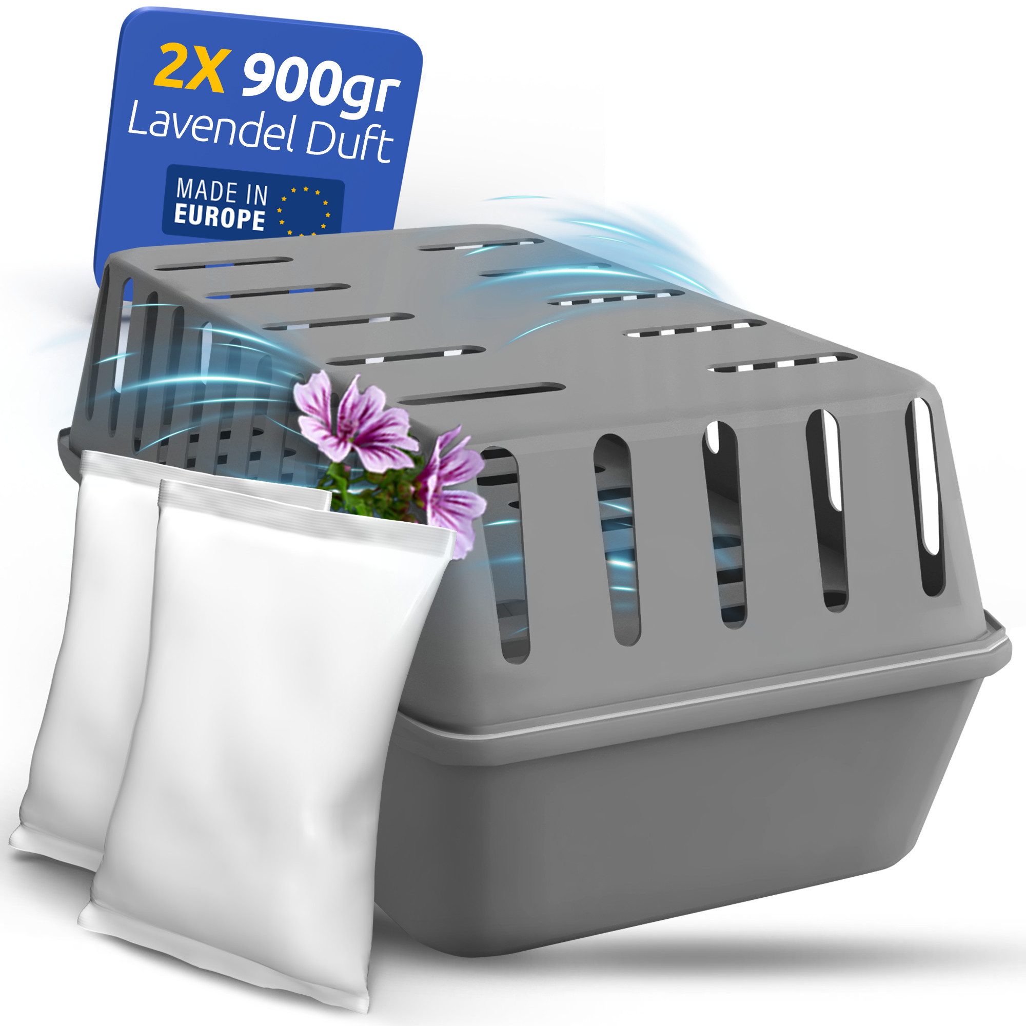 STAHLMANN COMMERCE GmbH Luftentfeuchter STAHLMANN® Luftentfeuchter für bis zu 200m², mit [Lavendel DUFT Granulat 4x900 g] - ohne Strom [MADE IN EU]