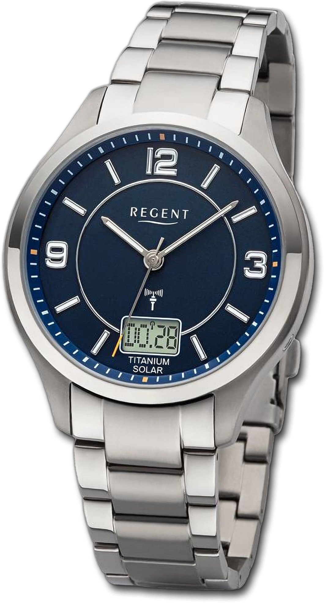 Regent Quarzuhr Regent Herren Armbanduhr Analog-Digital, Herrenuhr Metallarmband silber, rundes Gehäuse, extra groß (ca. 42mm)