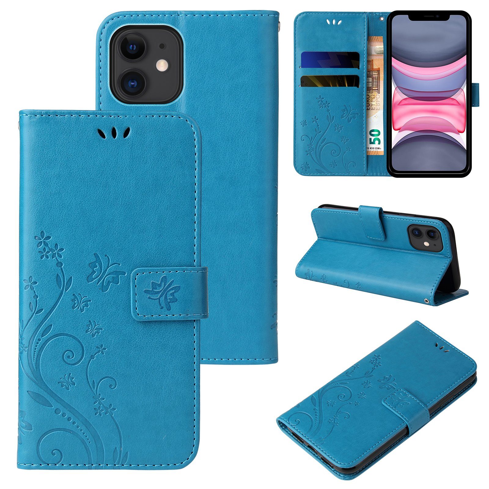 Tec-Expert Handyhülle Cover Tasche Hülle für Apple iPhone 11 6,1 Zoll, Klapphülle Case mit Kartenfach Fliphülle aufstellbar, Motiv Blumen