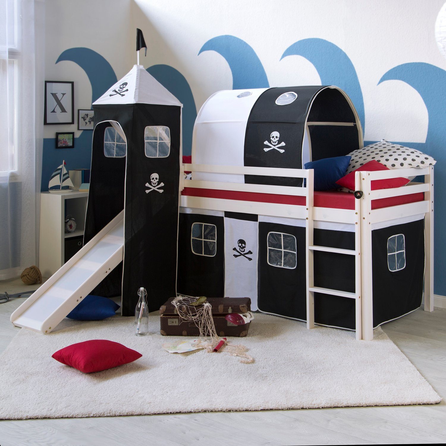 Homestyle4u Hochbett 90x200 cm Kinderbett Weiß mit Vorhang Spielbett für 1 Kind Kiefer mit Vorhang, Rutsche, Tunnel und Turm