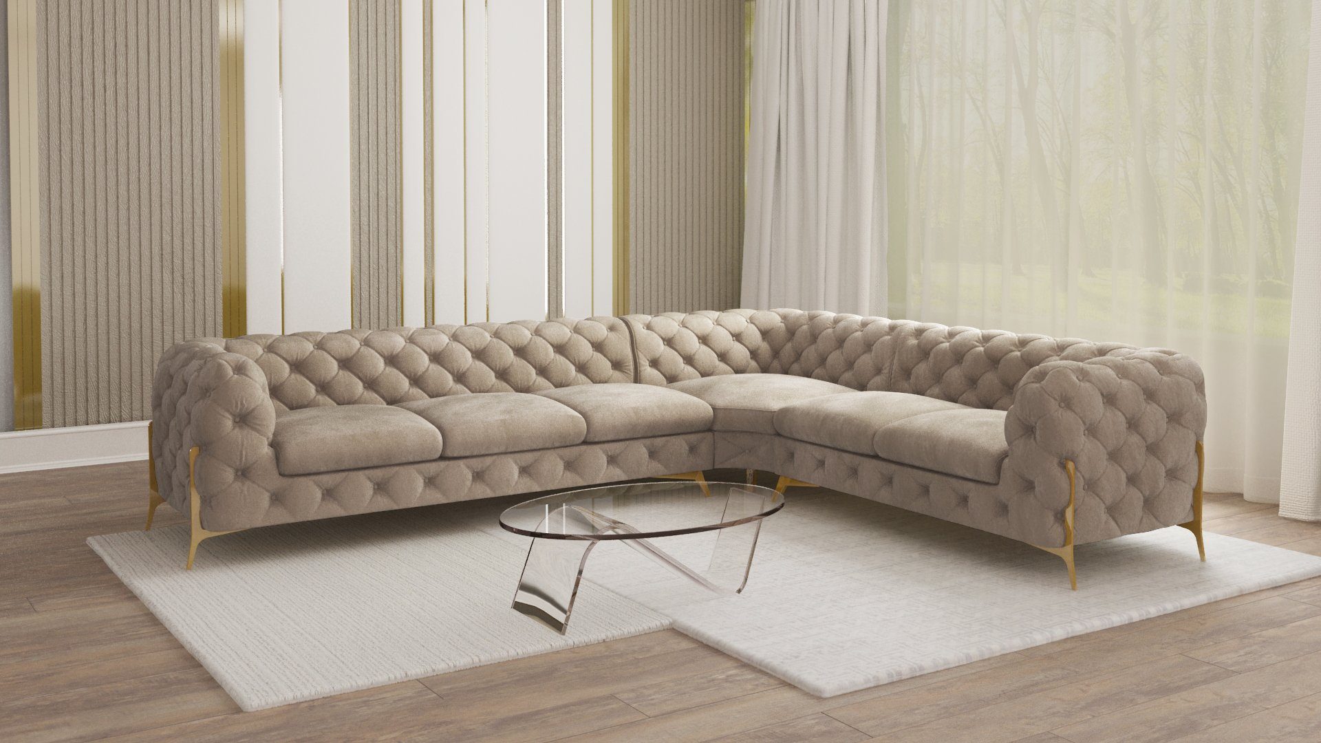 S-Style Möbel Ecksofa Chesterfield Ashley mit Goldene Metall Füßen, Die Eckeinheit kann entweder rechts- oder linkshändig sein, mit Wellenfederung